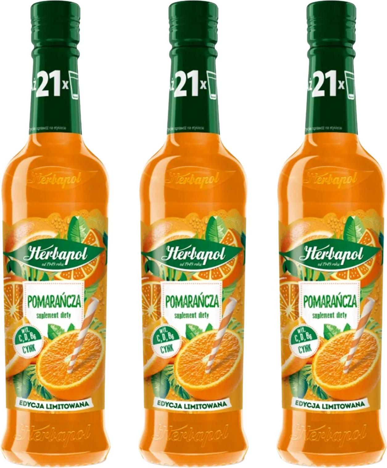 Herbapol Orange Sirup 3x 420ml - Getränkesirup für Wasser Fruchtsirup Vitamin C
