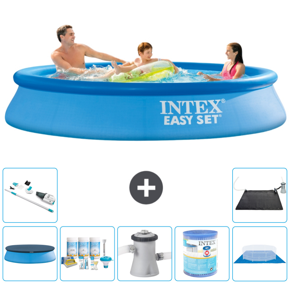 Okrúhly nafukovací bazén Intex Easy Set - 305 x 61 cm - modrý - obsahuje kryt - balík na údržbu - filtračné čerpadlo pre bazén - filter - podložka - vysávač