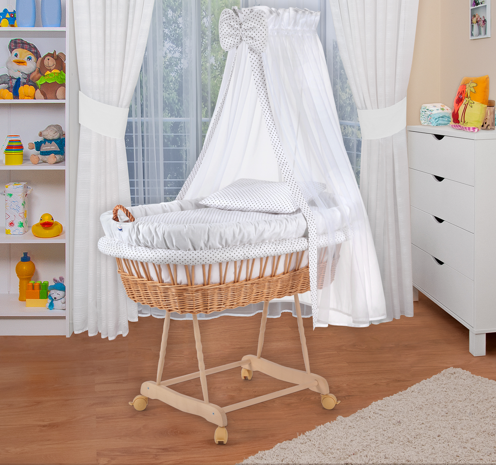 Waldin Baby Stubenwagen-Set mit Ausstattung,XXL,Gestell natur,weiß/Punkte grau 1203-8p18h