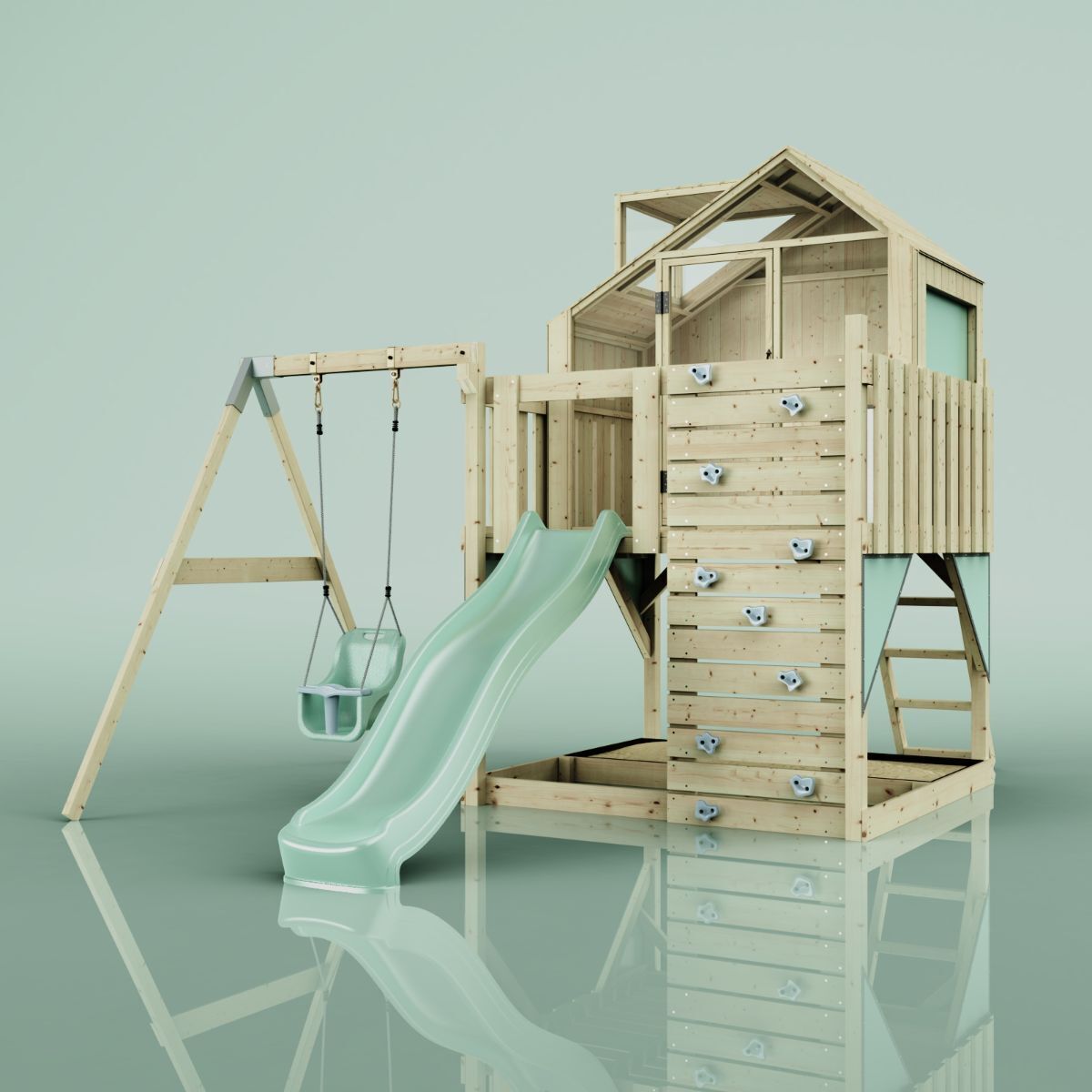OutdoorToys Spielturm mit Spielhaus inkl. Wellenrutsche und Kinder-Schaukel, Outdoor Klettergerüst Garten, Ausführung: Babyschaukel, Farbe: Mintgrün, mit Babyschaukel O4.5.00293.10