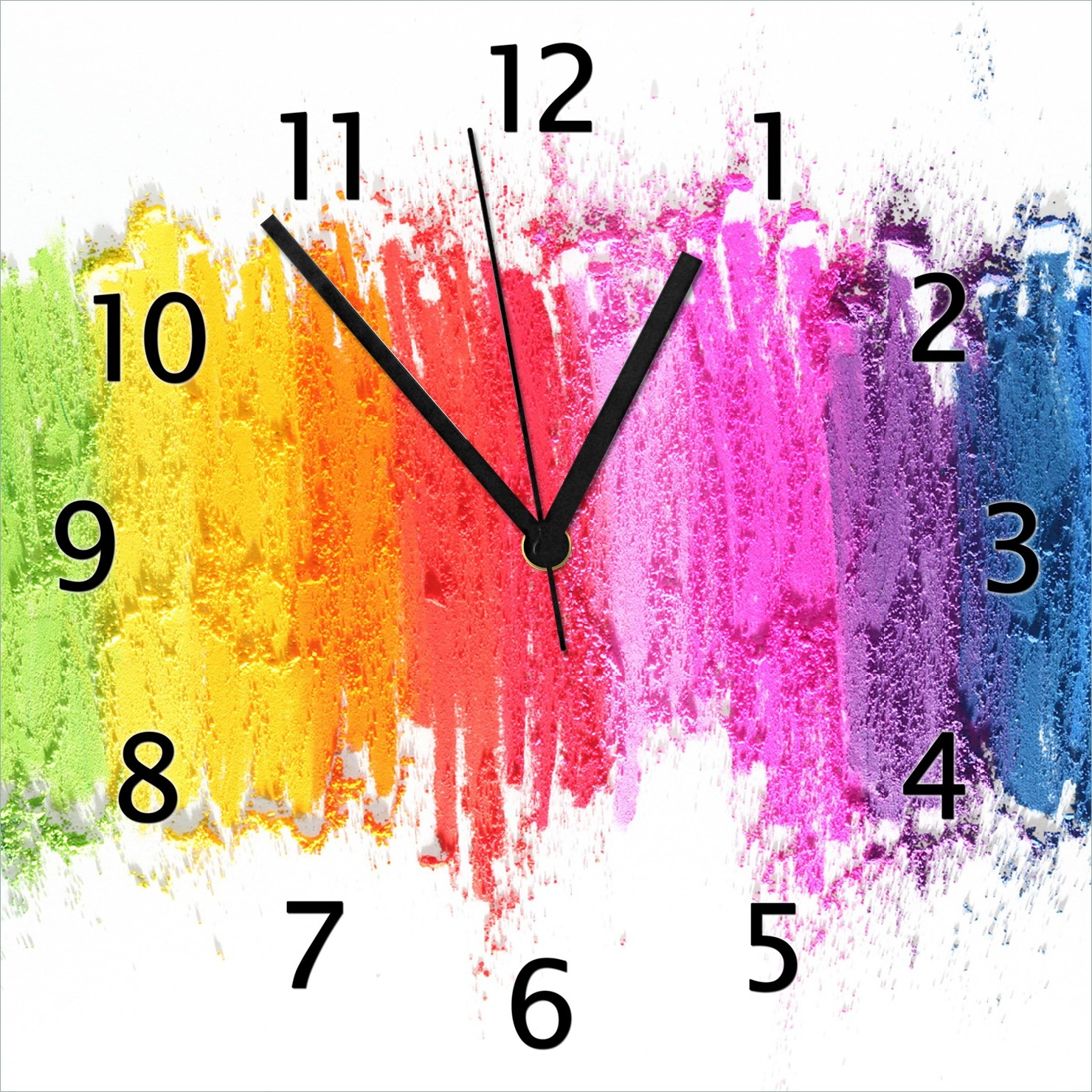 Wallario Design Wanduhr Regenbogenstreifen auf weißem Hintergrund - Bunter Anstrich aus Echtglas, Größe 30 x 30 cm gugs0107-3030