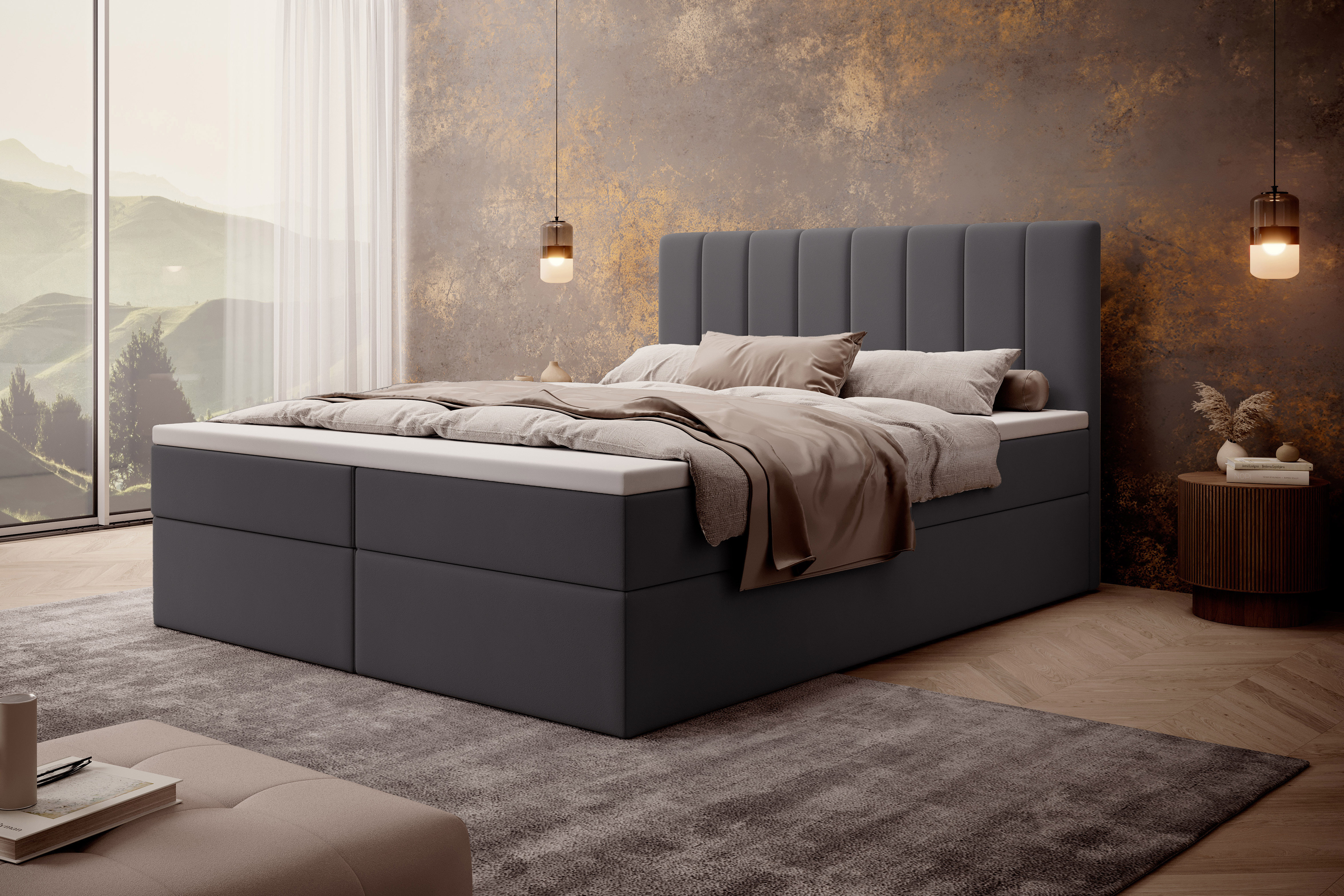 MyBed Allen box spring bed Čalúnená posteľ s čelom Posteľná skrinka 160x200 Bonnell matrac H3 Topper Tmavo sivá
