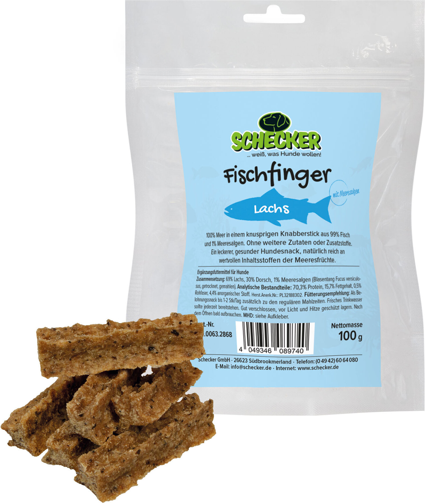 100g - Schecker Fischfinger mit Lachs - 99 % Fisch und 1 % Meeresalgen