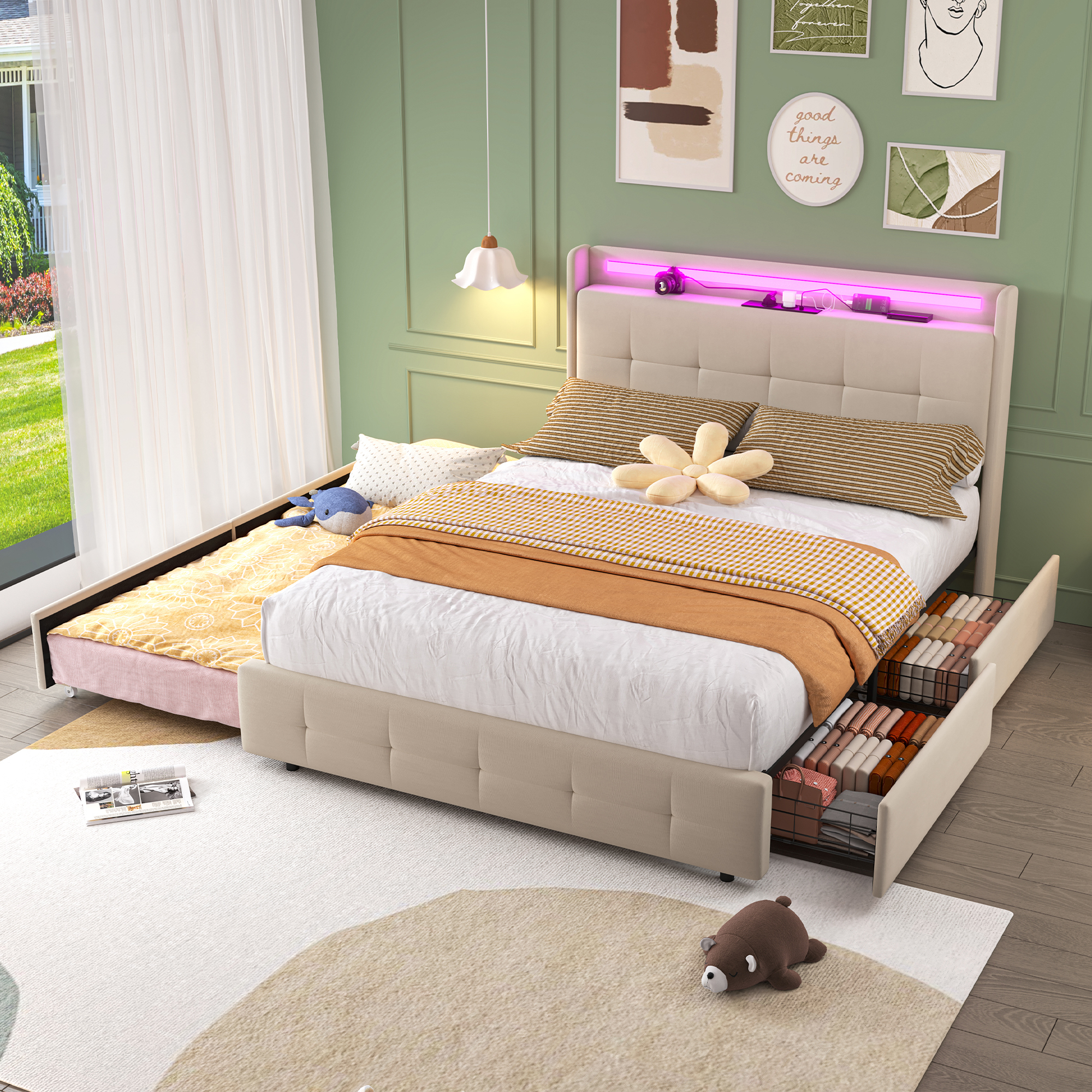 okwish Polsterbett 140x200 Bettrahmen Doppelbett Stauraumbett mit USB-LadekopfteilLED(Ohne Matratze), Beige