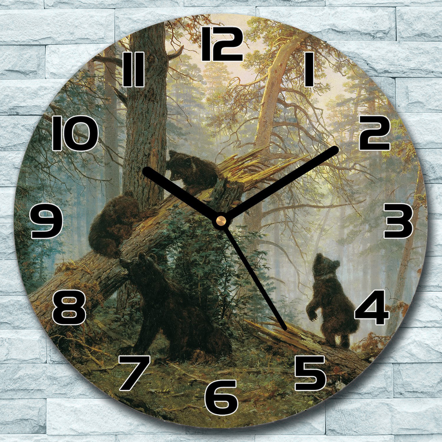 coloray Wanduhr aus Glas Rund fi 30 Bären in Kiefernwald Quarz Deko Schlafzimmer Büro zso-black-f30-aurora-36