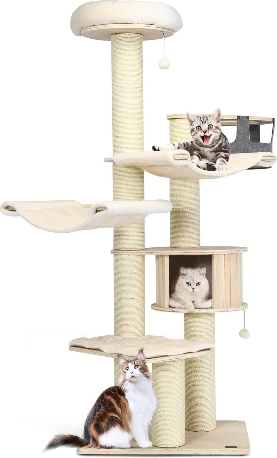 COSTWAY 7-stöckiger Kratzbaum Holz, 197 cm, Katzenbaum mit Hängematte & Katzenhöhle & Hängekorb & Bällen, Katzenkratzbaum Groß, Katzen Katzenmöbel, Kletterbaum Aktivitätsbaum Spielbaum, Beige