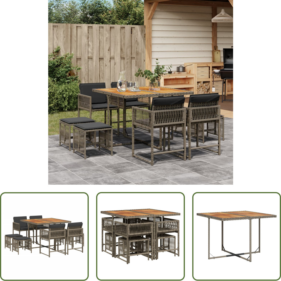 The Living Store 9-dielny záhradný jedálenský set s vankúšmi sivý polyratan