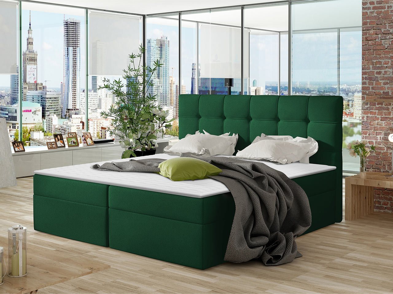 Boxpringová manželská posteľ 180x200 CLARA - zelená + topper ZDARMA