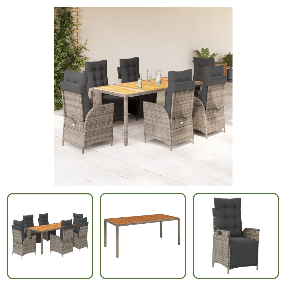 The Living Store 7-dielny záhradný jedálenský set s vankúšmi sivý polyratan