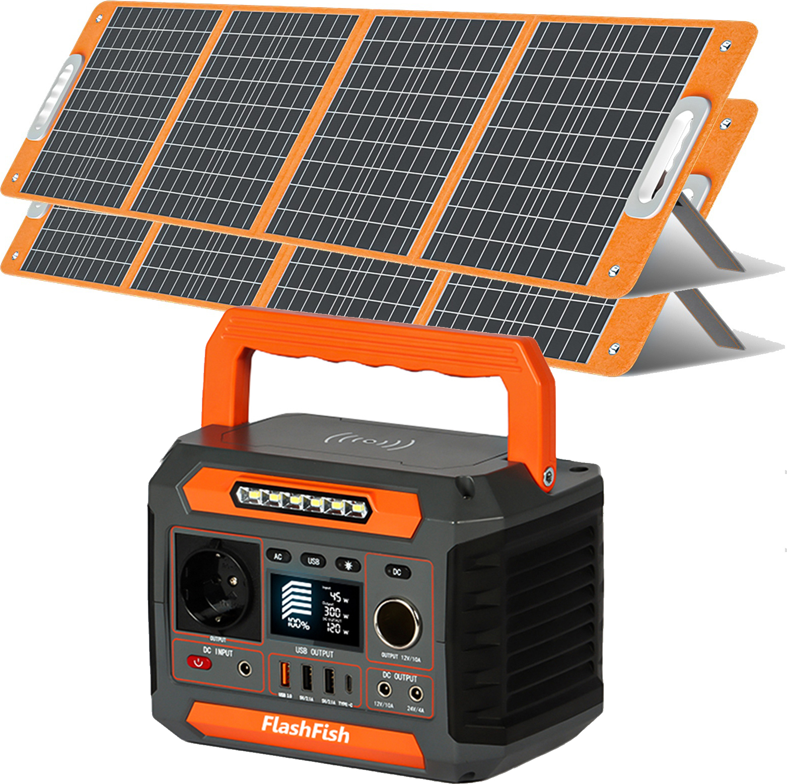 Solárny generátor Flashfish P66 + 2 × 100 W solárny panel, 288Wh generátor energie s 260 W (500 W špičkový), generátor energie s DC/AC/Type-C/USB zásuvkami CPAP batérie, napájacia stanica pre domácnosť, outdoor, kempovanie, karavany, núdzové napájanie