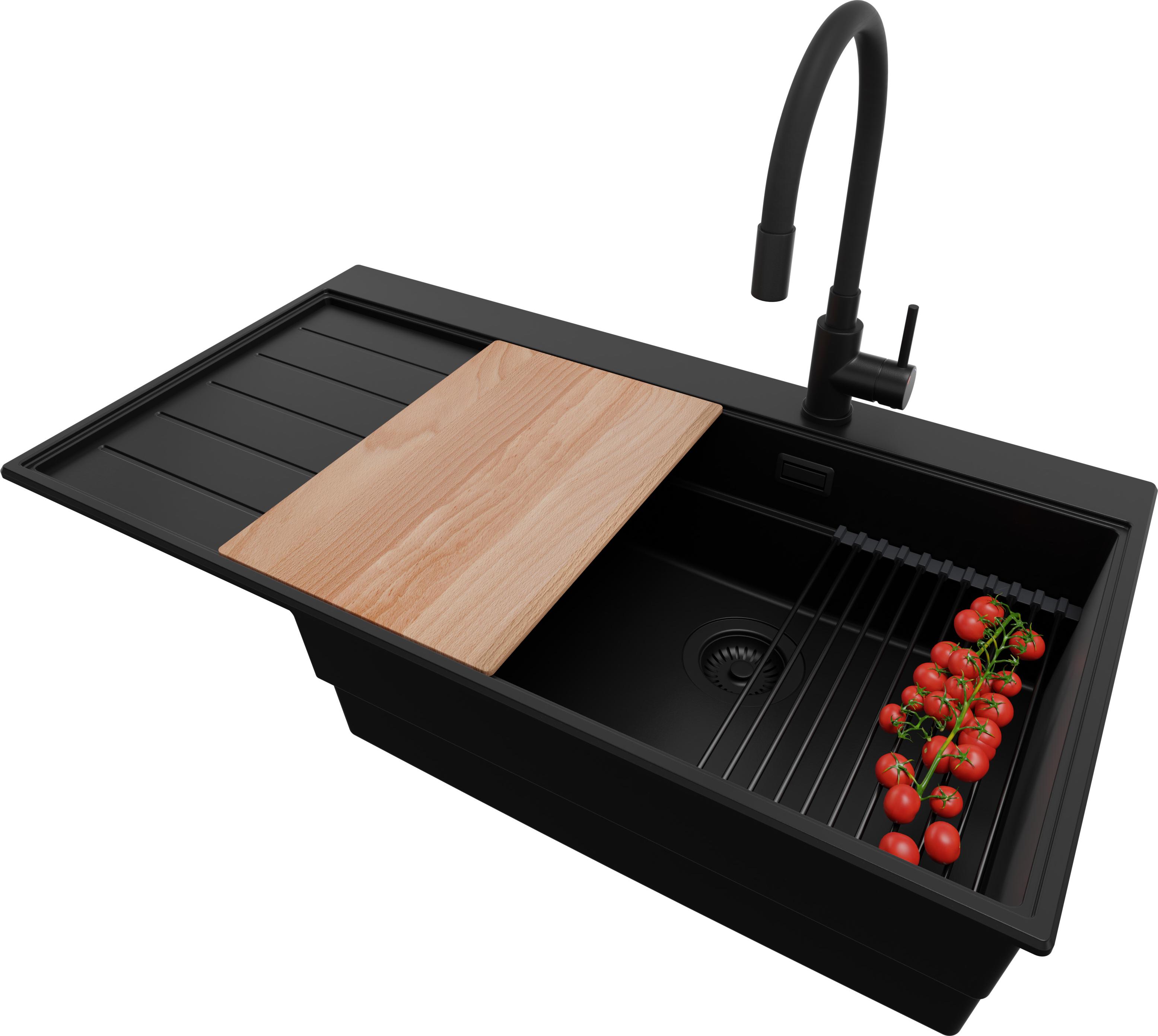 PRIMAGRAN Granitspüle Alles Schwarz 90x50cm, Spülbecken 1 Becken + Ablauf-Set + Küchenzubehörset, Küchenspüle ab 60er Unterschrank - Sydney