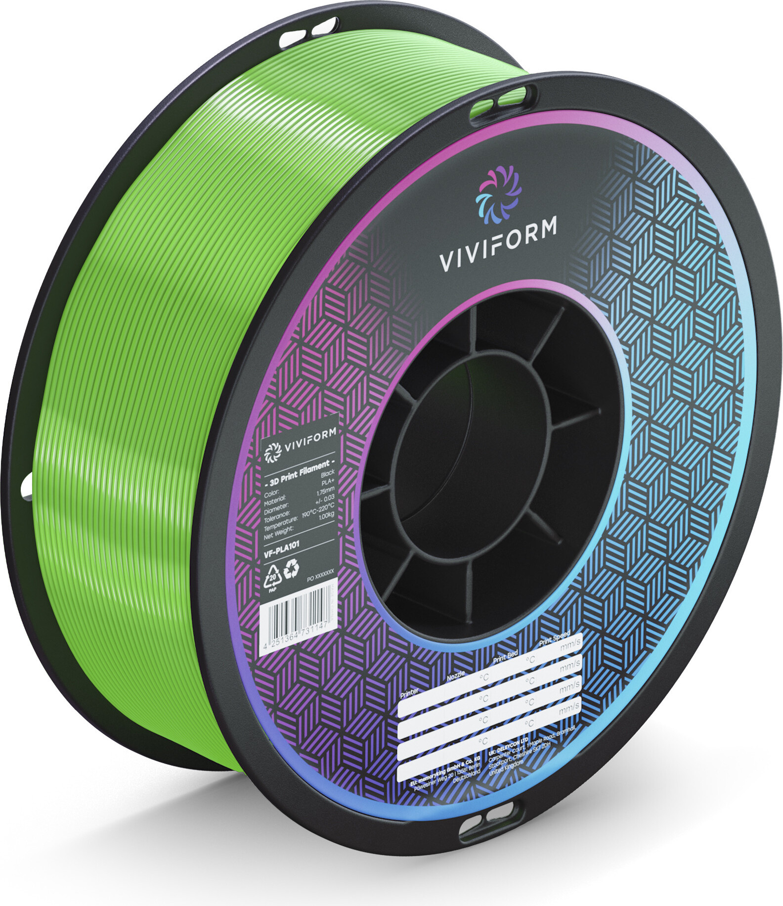 viviform.com Viviform silk PLA Filament für 3D Drucker, 1kg Rolle, Durchmesser 1,75mm +/- 0,03mm, Grün VF-PLA408