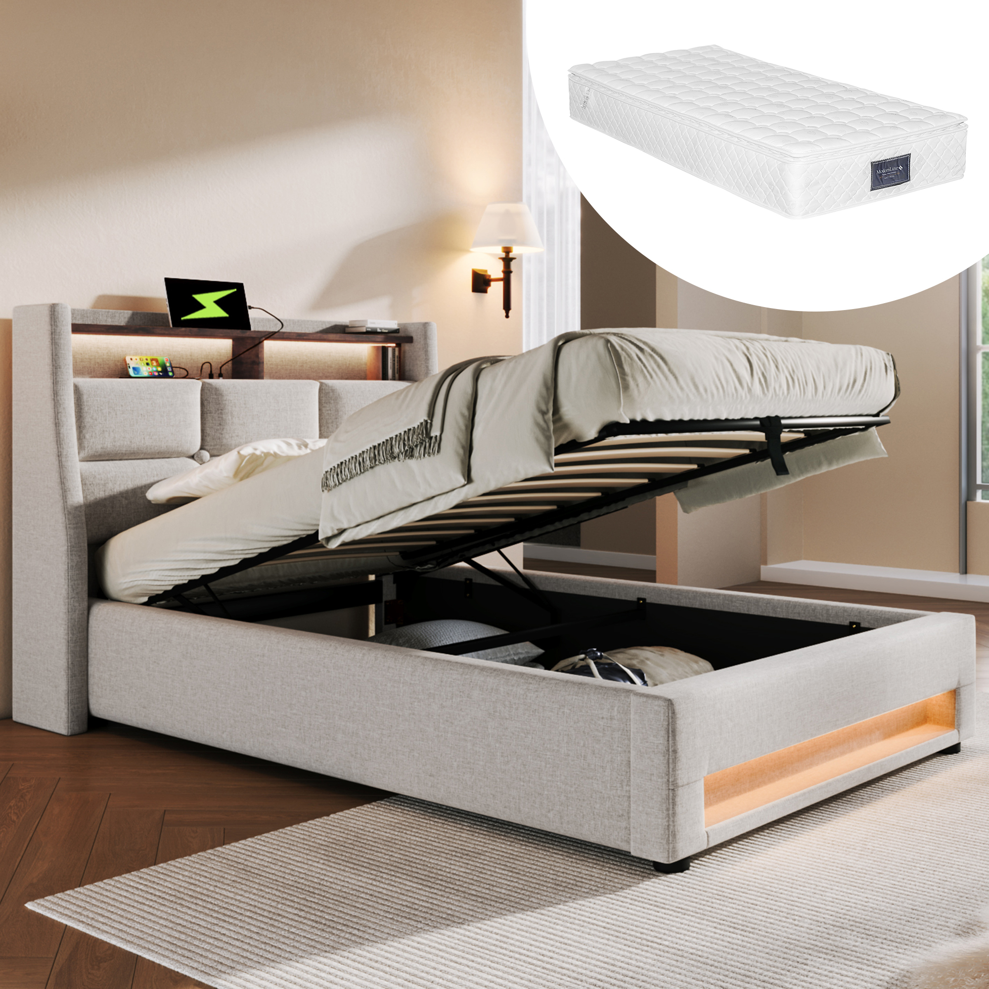 MODFU Boxspringbetten Polsterbett 90x200cm, Einzelbett Hydraulisches Bettkasten mit LED-Erleuchtung und USB(Mit Matratze),Beige