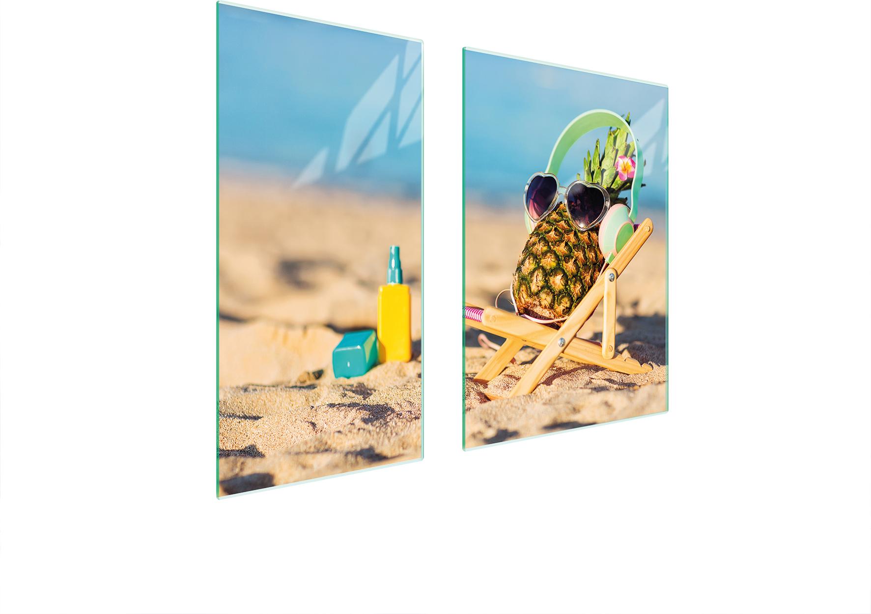 TMK ArtDeko Herdabdeckplatten 2 teilig 75x52 Ceranfeld Abdeckung Glas Schneidebrett Ananas Strand