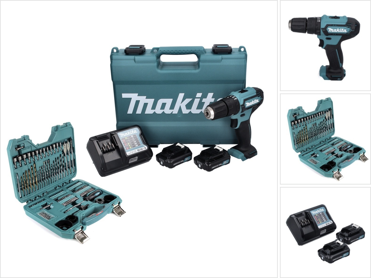 Akumulátorová príklepová vŕtačka Makita HP 333 DWAE 12 V 30 Nm + 2x akumulátor 2,0 Ah + nabíjačka + 101-dielna sada vrtákov + kufor