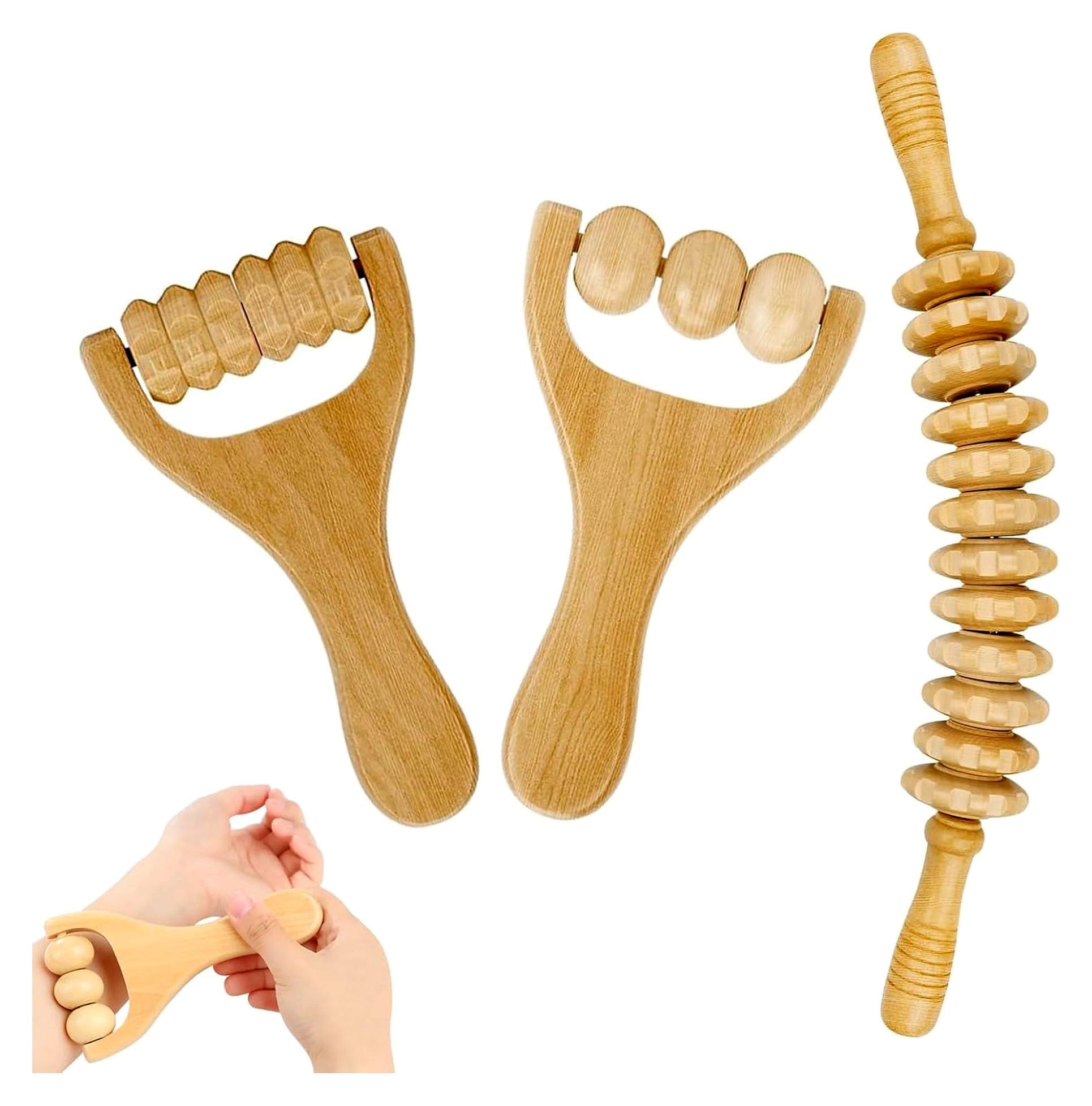 Markenlos 3er Set Faszienrollen und Faszienstab aus Holz für die Massage