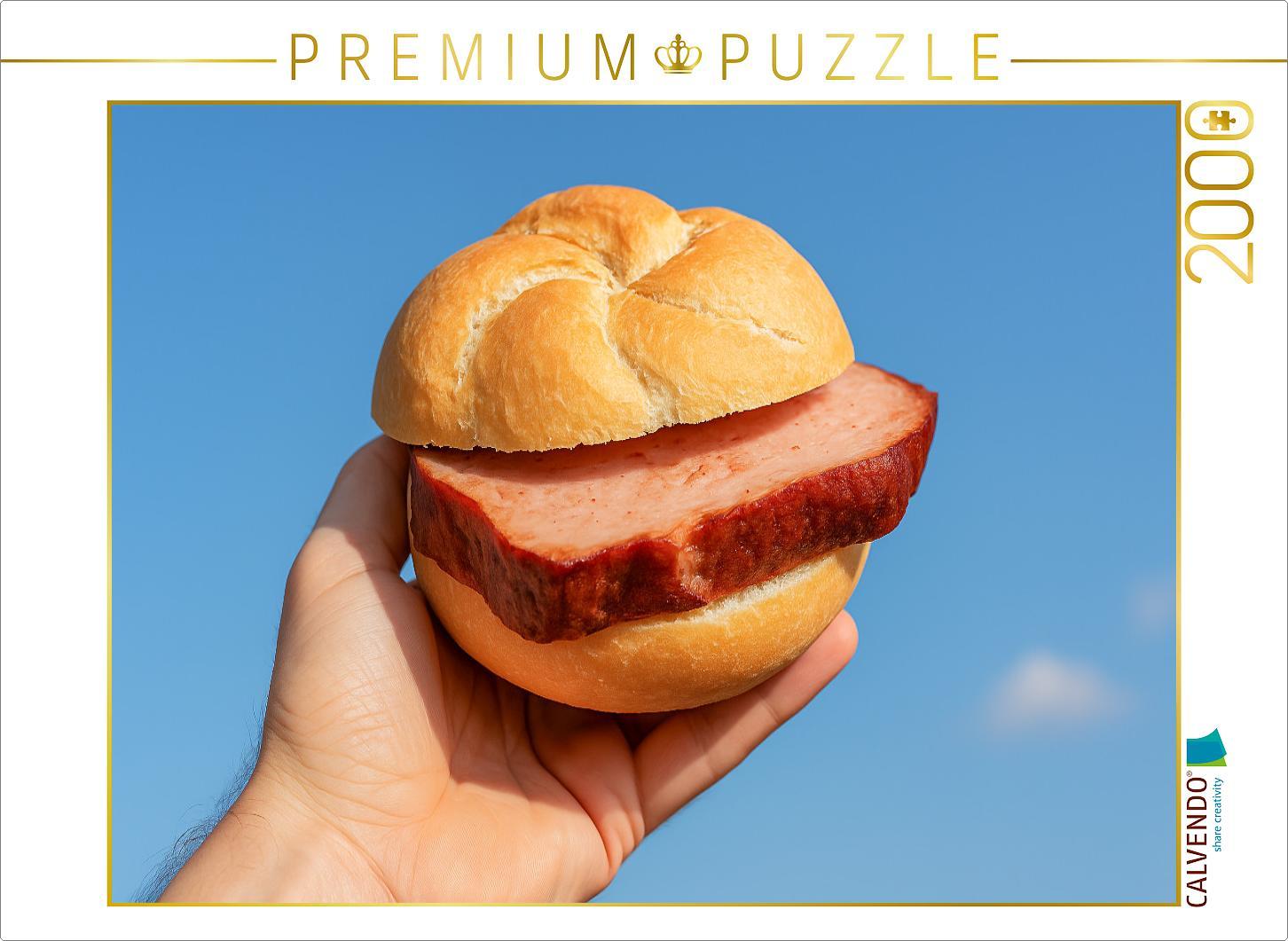 CALVENDO Puzzle Hand hält Leberkässemmel vor blauem Himmel | 2000 Teile Lege-Größe 90x67cm Foto-Puzzle für glückliche Stunden