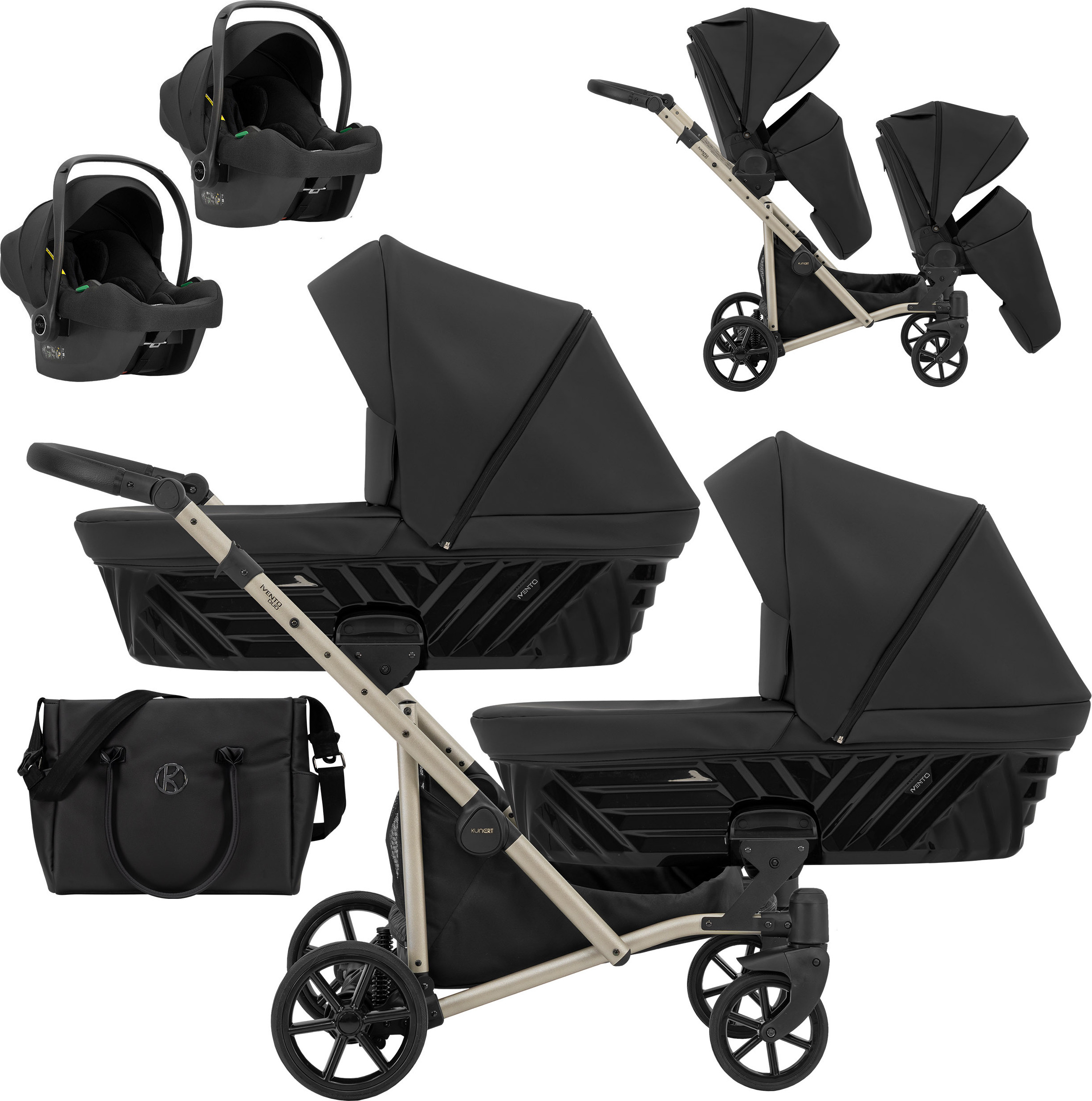 Kinderwagen IVENTO DUO 3 in 1 Komplettset Zwillingskinderwagen Geschwisterwagen Zwillingsbuggy Doppelkinderwagen (Black Pearl, Rahmenfarbe: champagne)