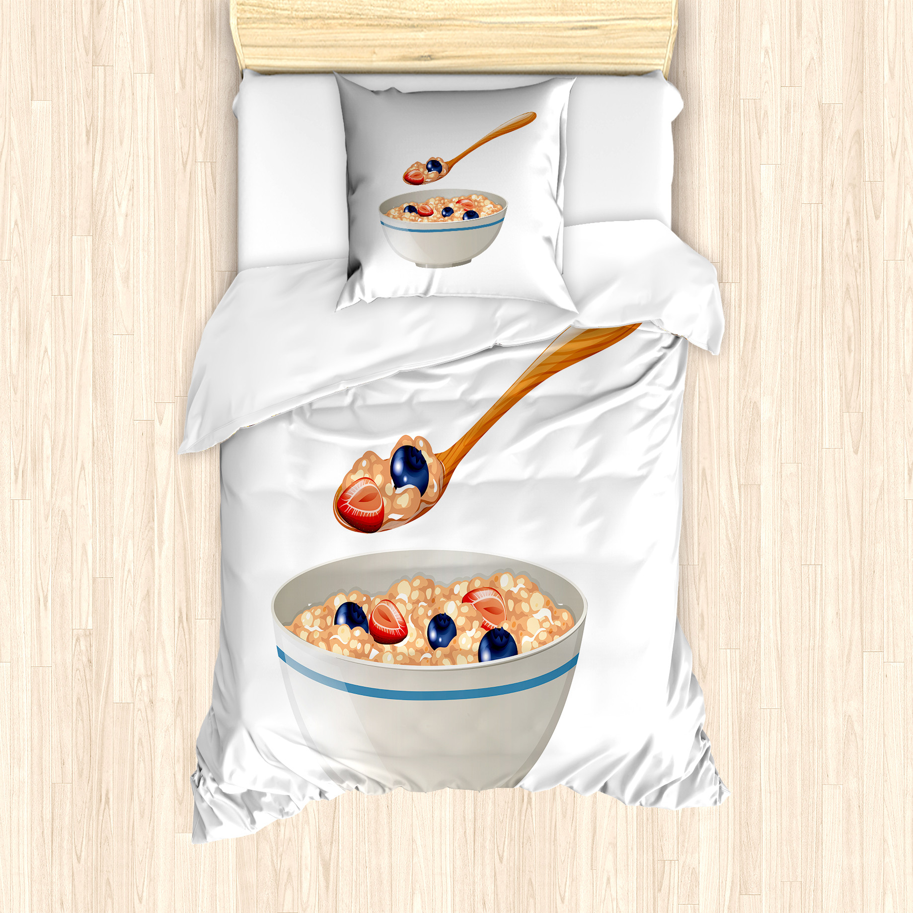 KOZMOS TEKSTL VE GER DÖNÜÜM SANAY TCARET LMTED RKET ABAKUHAUS Haferflocken Bettbezug Set für Einzelbetten, Löffel und Schüssel Porridge, Milbensicher Allergiker geeignet mit Kissenbezug, 135 cm x 200 cm - 80 x 80 cm, Mehrfarben nevde_90268_135x200_de