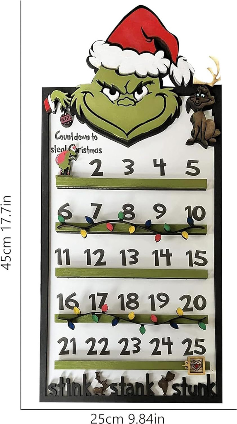 Stuttg Weihnachts-Adventskalender aus Holz, grüne Elfe, Countdown-Dekoration, Wandkalender zum Aufhängen, mit beweglichem Elfenblock, Feiertagsdekoration 4283825