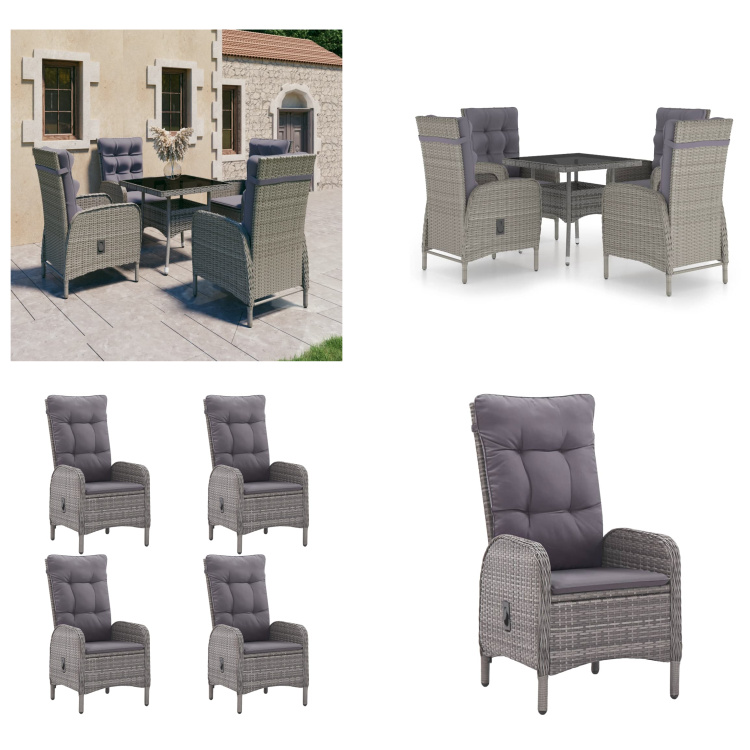 vidaXL 5-dielny záhradný jedálenský set z polyratanu a skla sivý - Set záhradného nábytku - Sety záhradného nábytku - Záhradný stôl a stoličky - Záhradné stoly a stoličky