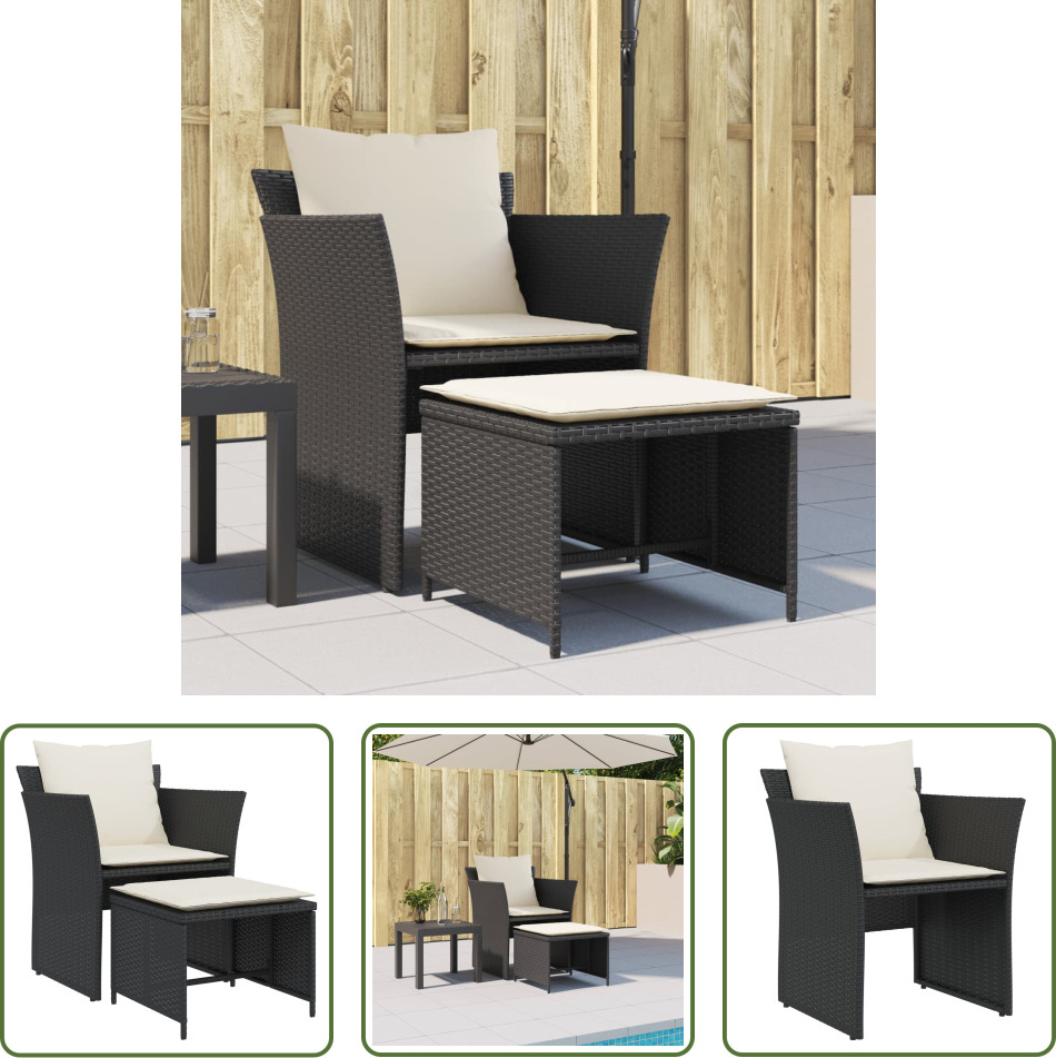 The Living Store Záhradné kreslo s podnožkou Black Poly Rattan