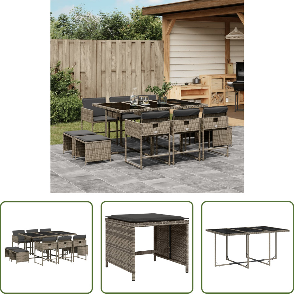 The Living Store 11-dielny záhradný jedálenský set s vankúšmi sivý polyratan
