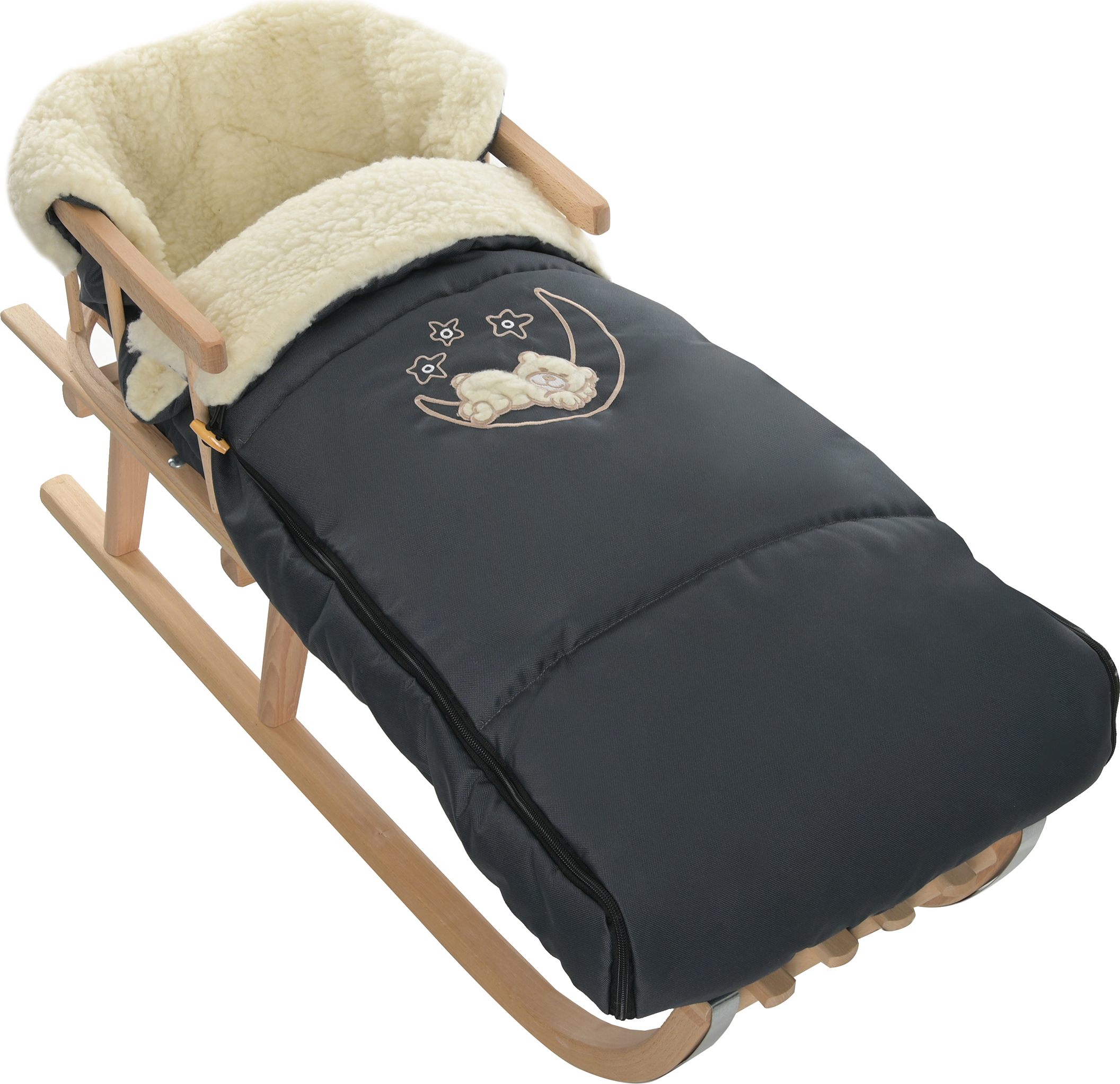 Goldkids Holzschlitten Kinderschlitten aus Buchenholz Rückenlehne Zugseil + Winterfußsack Schlittensack Fußsack Schwarz Schlitten Kinderwagen