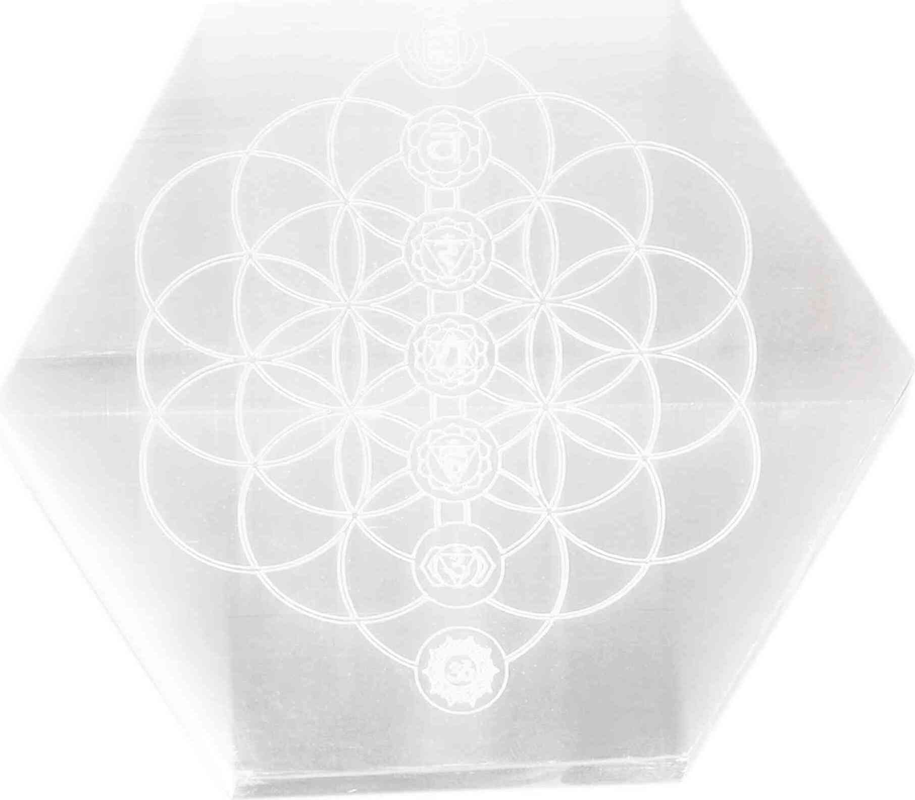 NKlaus Selenit Platte Chakra Gravur – Hexagon 10x9 cm zur Kristall-Energetisierung