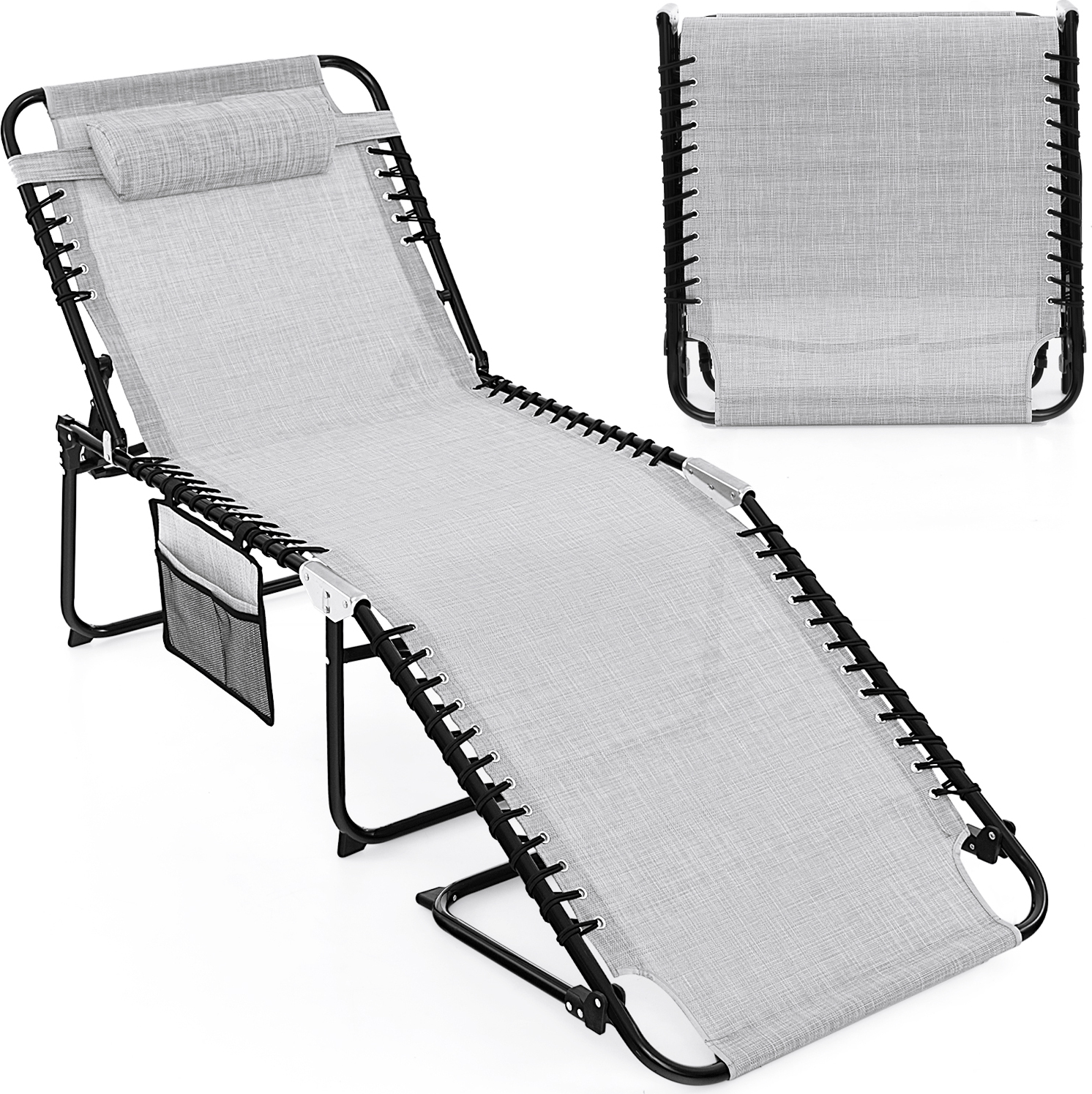 Lehátko COSTWAY s opierkou hlavy a bočným vreckom, skladacie záhradné lehátko s nastaviteľným operadlom, plážové lehátko do 200 kg 188x69x41 cm sivé