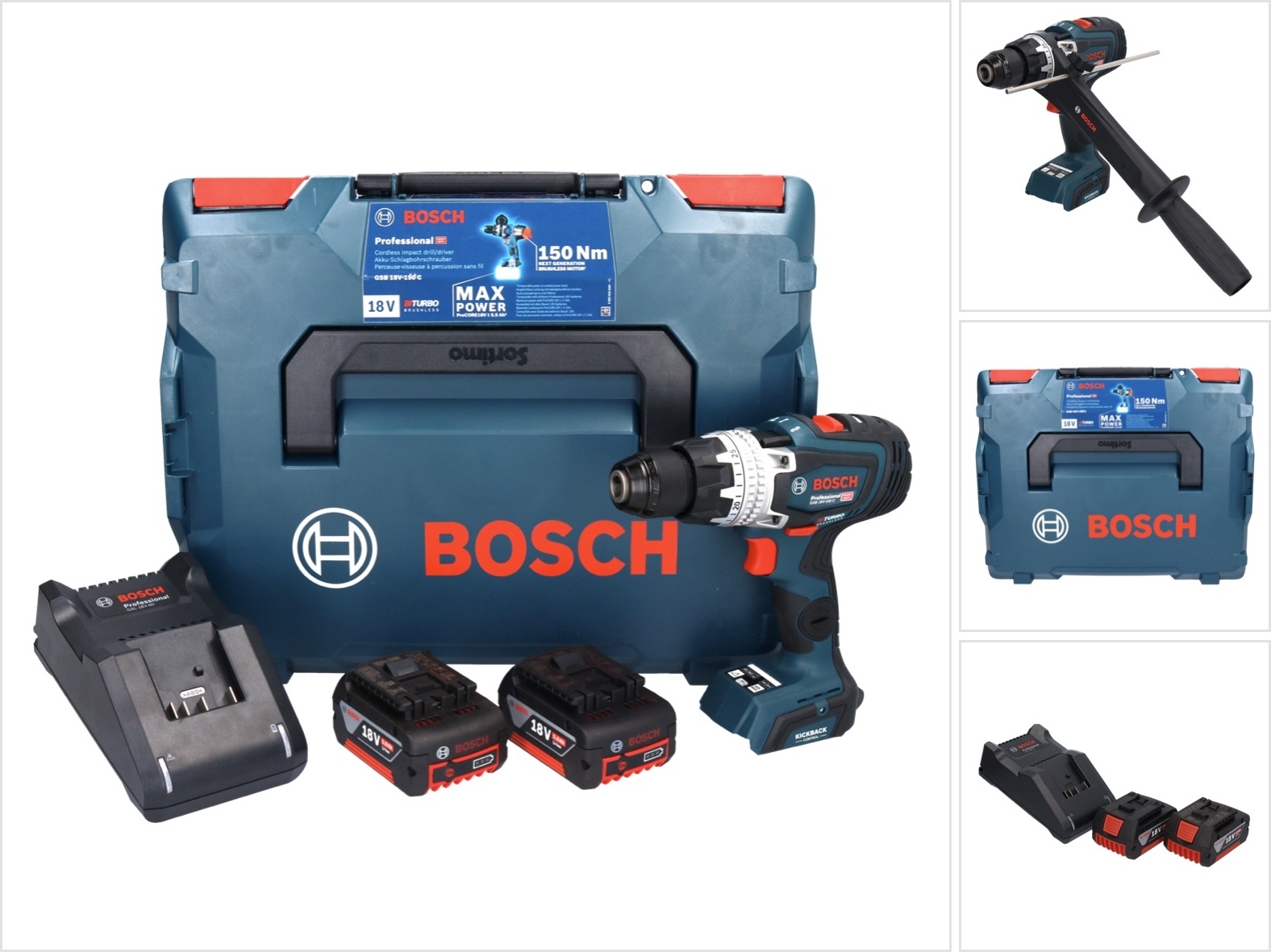 Bosch GSB 18V-150 C Profesionálna akumulátorová príklepová vŕtačka 18 V 150 Nm Biturbo Brushless + 2x akumulátor 5,0 Ah + nabíjačka + L-Boxx