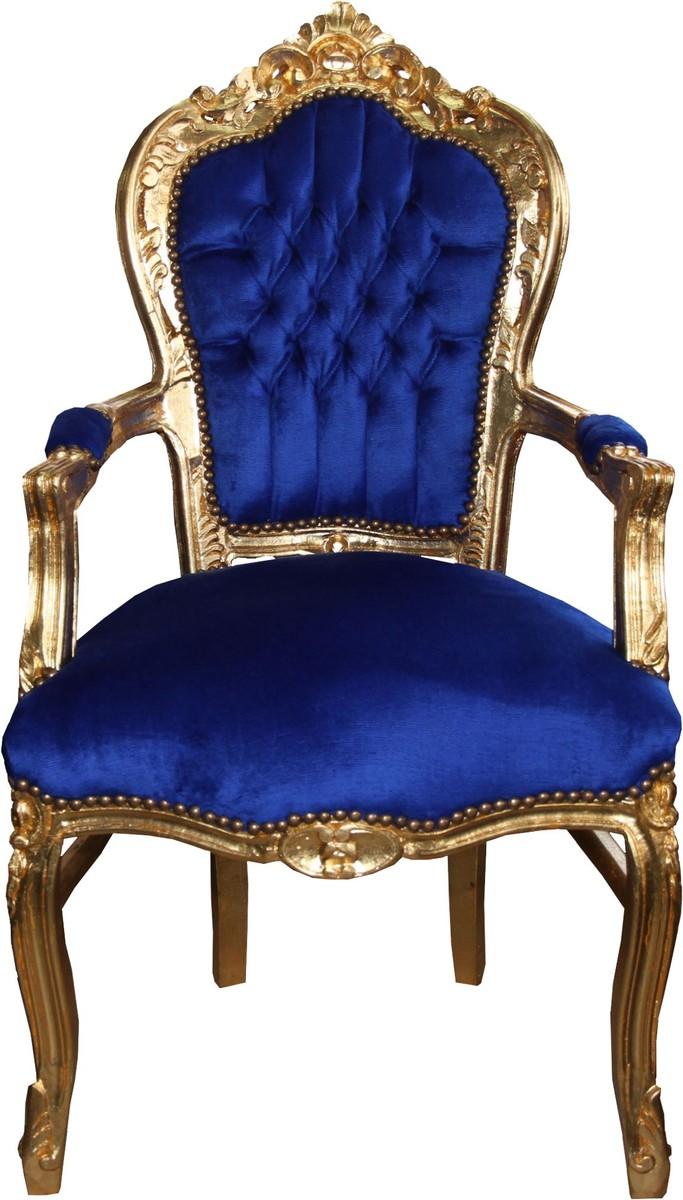 Casa Padrino Barock Esszimmerstuhl Blau / Gold mit Armlehnen - Stuhl - Barockstuhl - Möbel