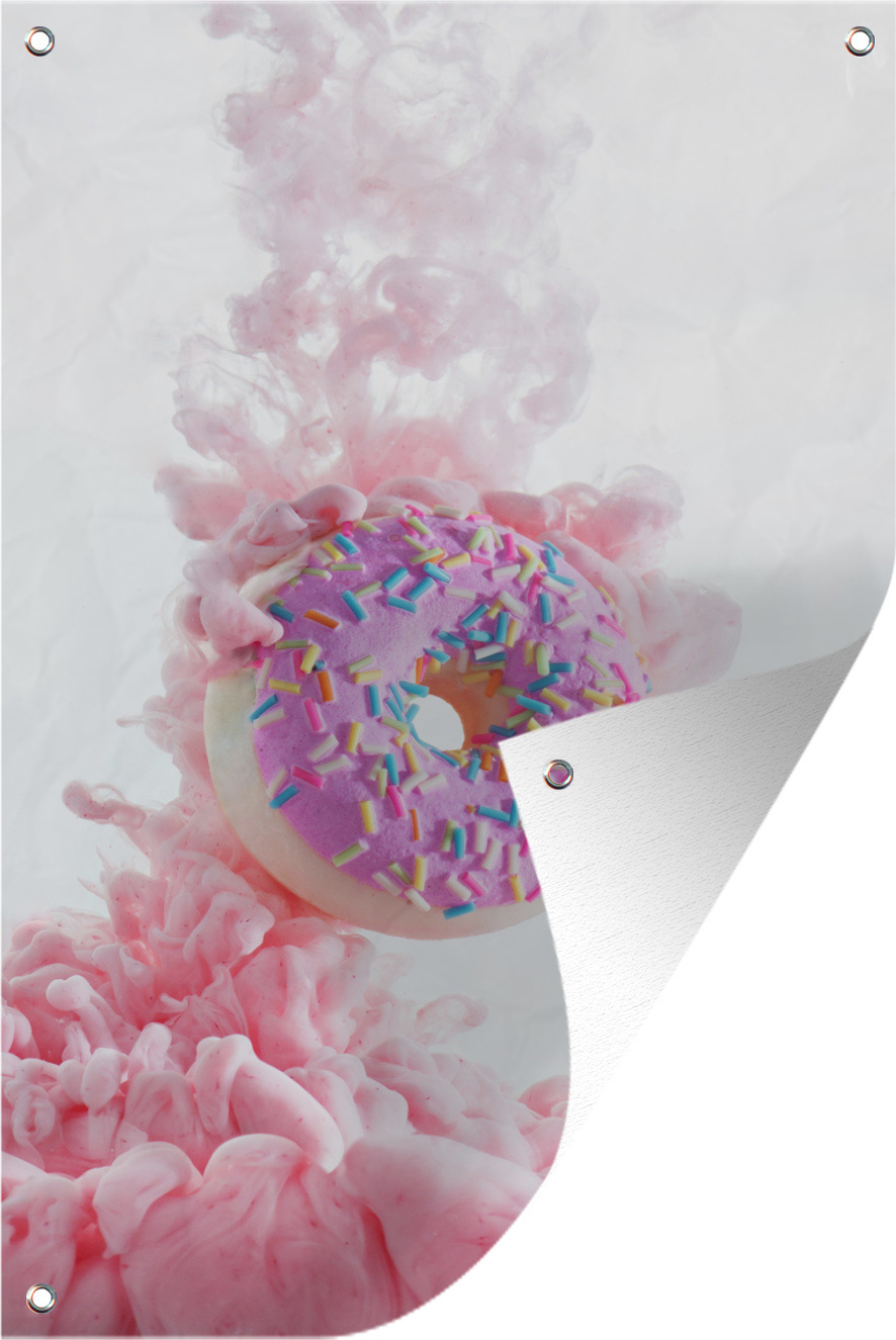 MuchoWow® 40x60 cm Outdoor-Poster Gartendeko Sichtschutz Garten Poster für den Garten Rosa Rauchwolke umgibt den Donut 133|38287024