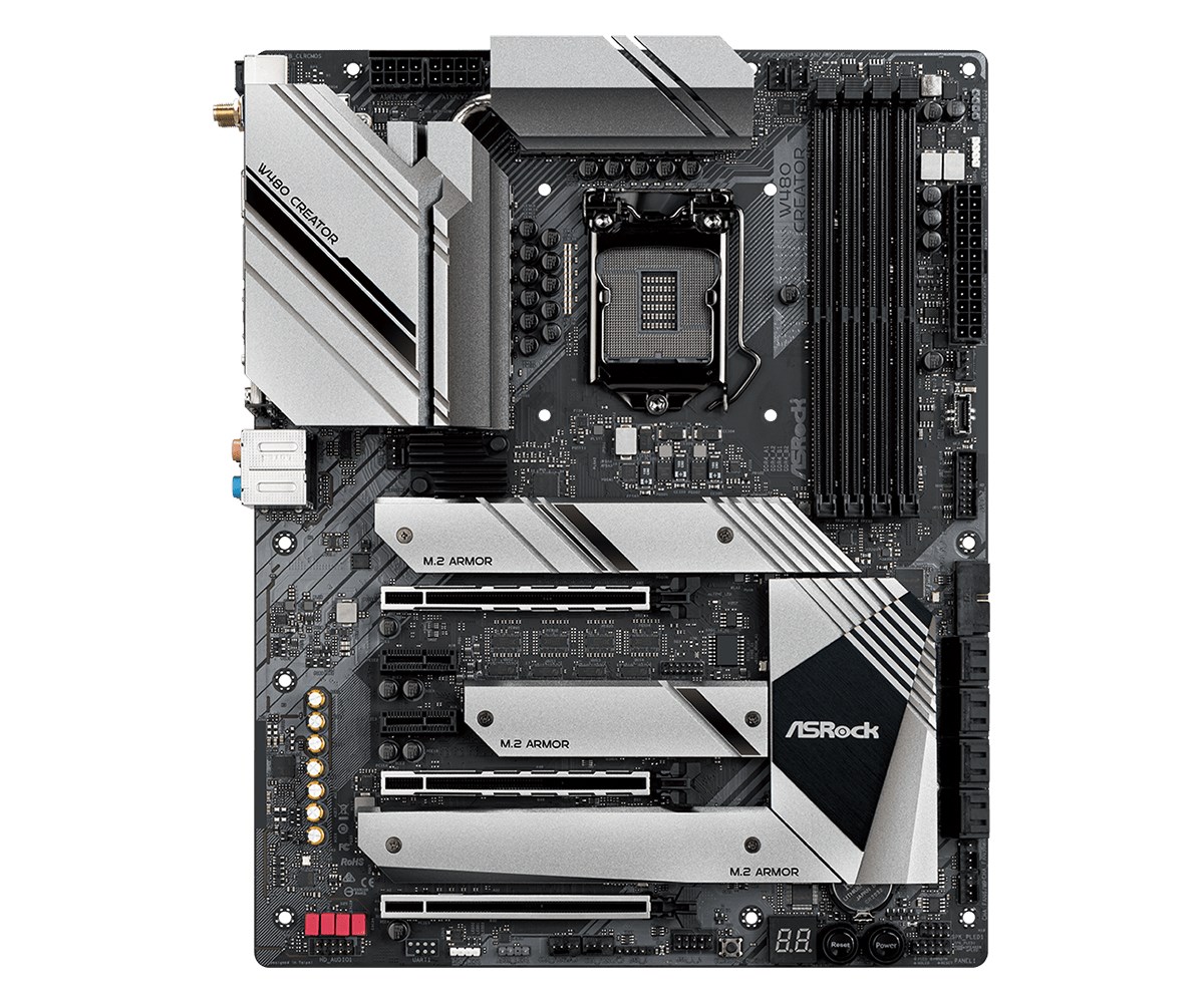 Asrock W480 CREATOR, Intel, LGA 1200 (Socket H5), Intel® Celeron®, Intel® Core™ i3, Intel® Core™ i5, Intel® Core™ i7, Intel® Core™ i9,..., LGA 1200 (Socket H5), DDR-SDRAM, 128 GB