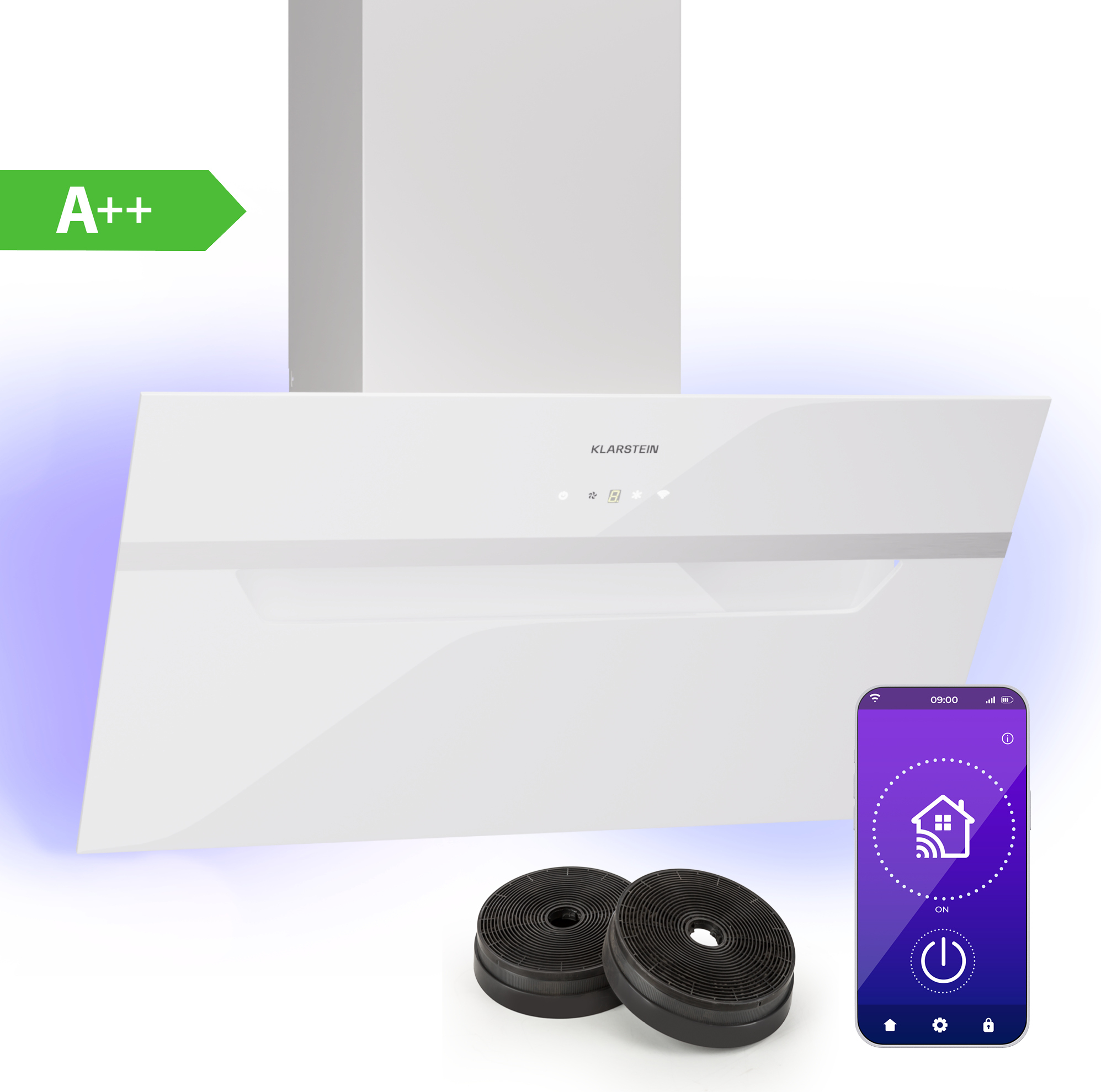 Klarstein Dunstabzugshaube 60cm, Abluft/Umluft Dunstabzugshaube mit Aktivkohlefilter & LED-Beleuchtung, Moderne Abzugshaube, 305m³/h Luftstrom, IoT/Wi-Fi, Leise Schräghaube, Dunstabzugshauben 60 cm