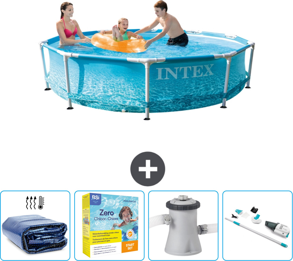 Bazén Intex s okrúhlym rámom - 305 x 76 cm - tlak vody - slnečná strieška v cene - balík na údržbu - filtračné čerpadlo pre bazén - vysávač