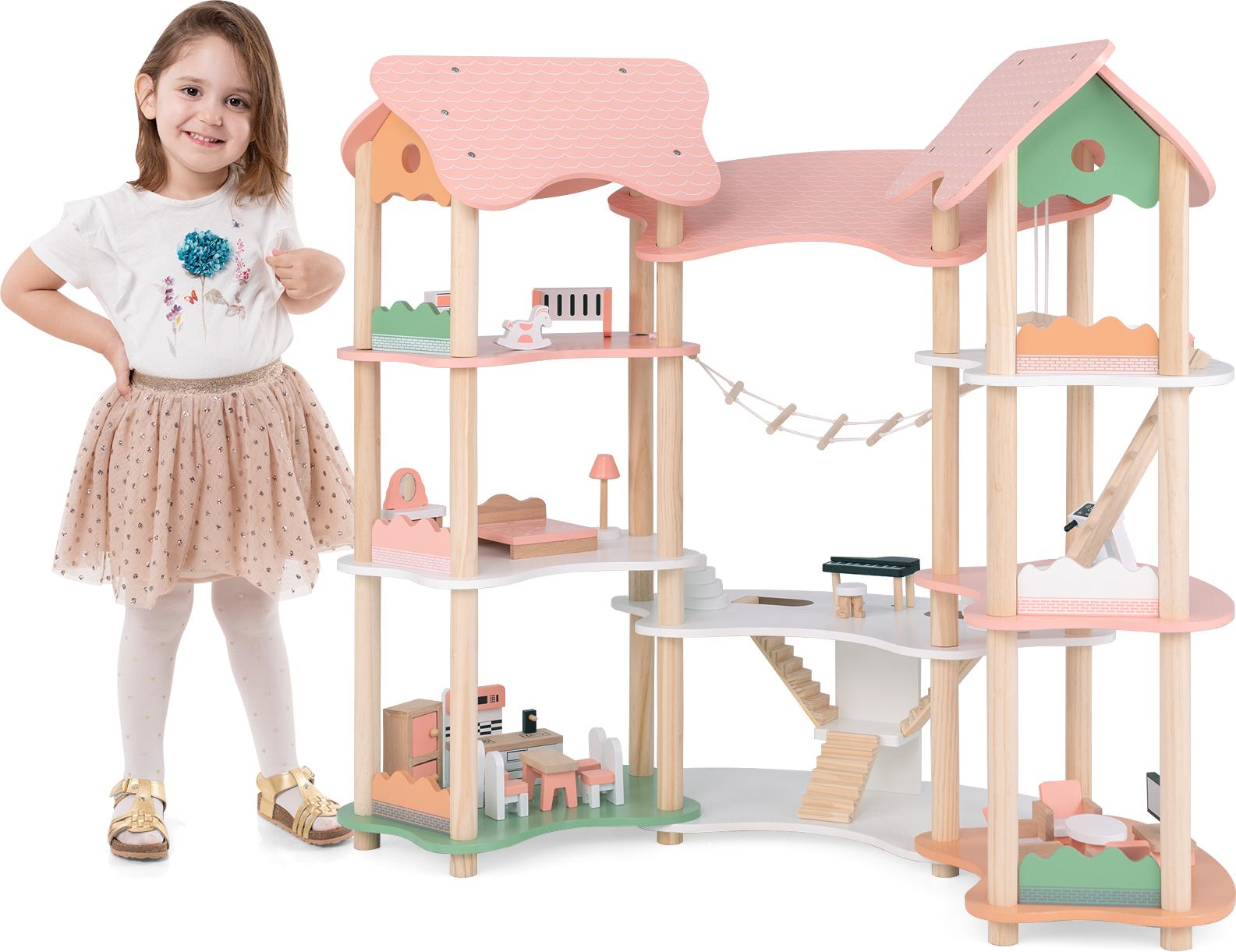 GOPLUS Puppenhaus auf 3 Etagen, Dollhouse mit 7 Zimmern & 32 Möbelstücken, Puppenvilla mit Strickleiter, Model 3, Rosa+Grün+Natur