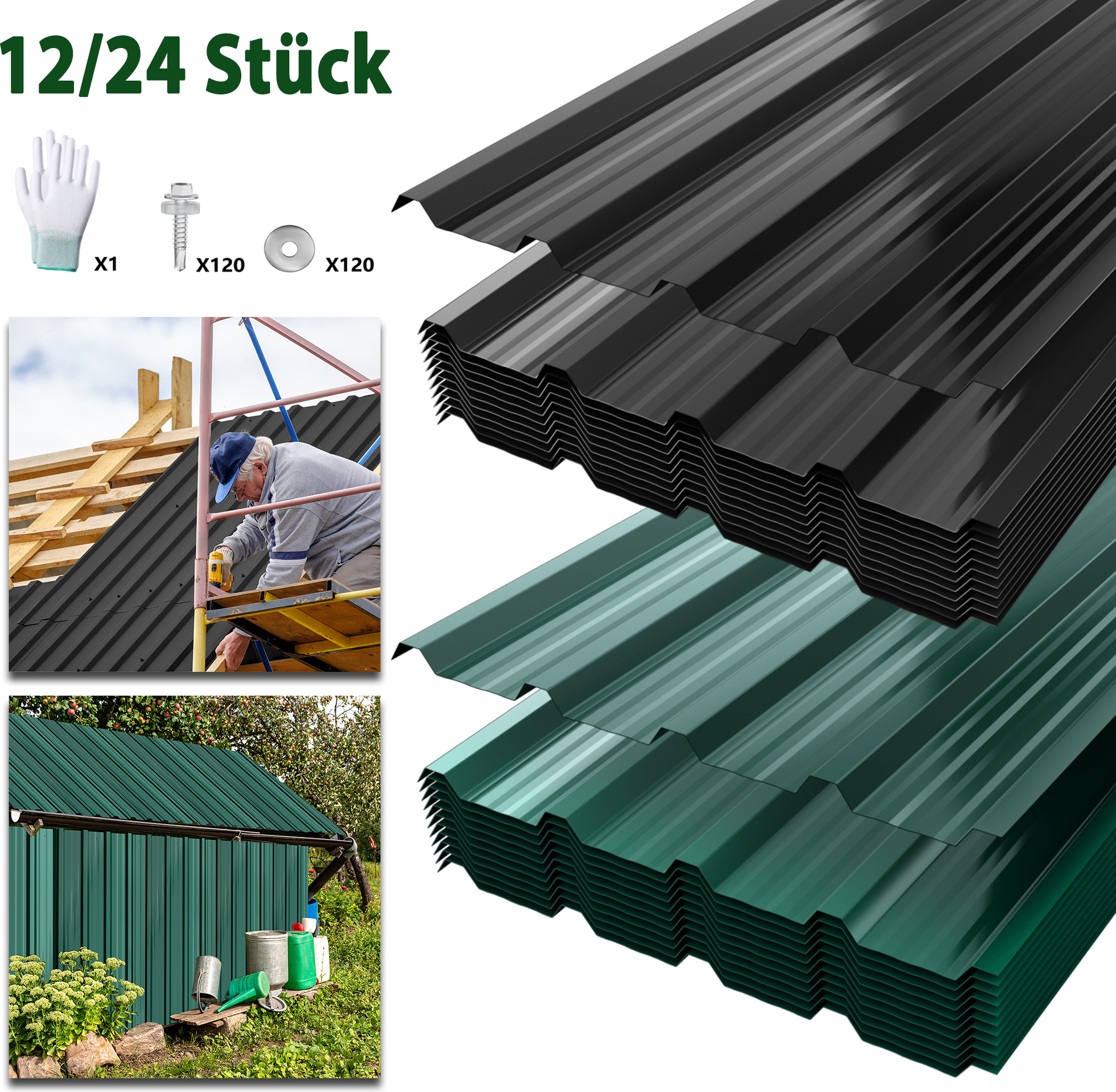 YARDIN 12 kusov vlnitých strešných plechov z pozinkovanej ocele 129,5x45 cm, trapézový profilovaný plech 7 m² pozinkovaný, strešné plechy odolné proti poveternostným vplyvom na garáž, záhradný prístrešok, zelený