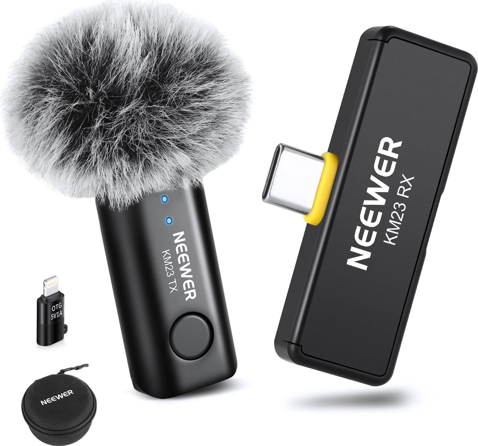 NEEWER Lavalier Kabelloses Mikrofonsystem, 1x USB C Empfänger mit OTG Adapter &
