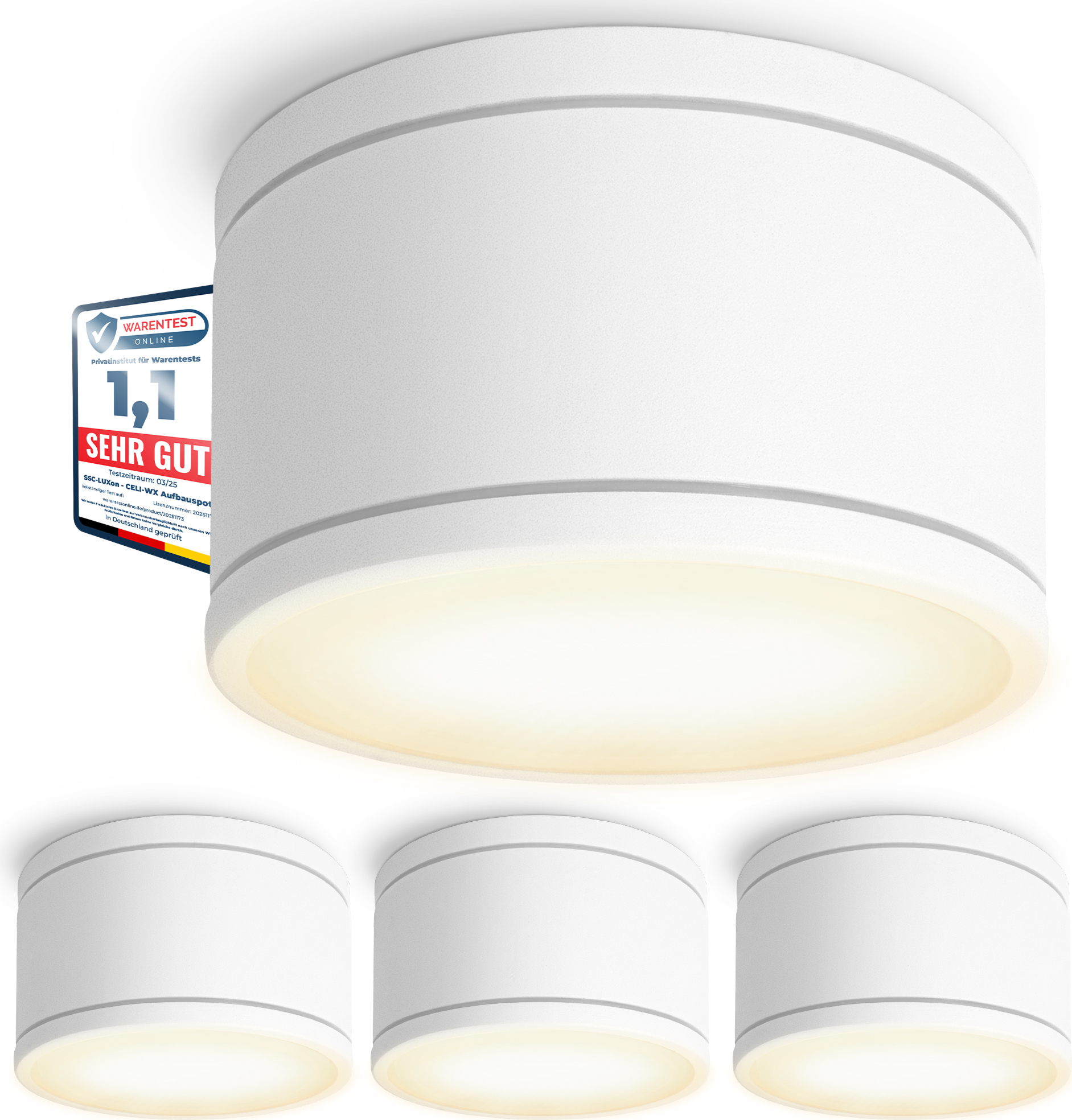 SSC-LUXon 4x CELI-WX Aufbaustrahler Set IP44 flach für Bad & Außen mit LED GX53 Lampe 5W warmweiß 230V - Aufbauspots weiß SSC-3426