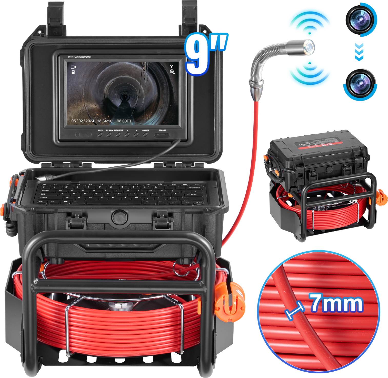 Kanalizačná kamera VEVOR, 30 m, samonivelačná kamera na kontrolu potrubia s 512 Hz vysielačom, počítadlo vzdialenosti, 9-palcová obrazovka, 1080P HD kamera na kontrolu potrubia