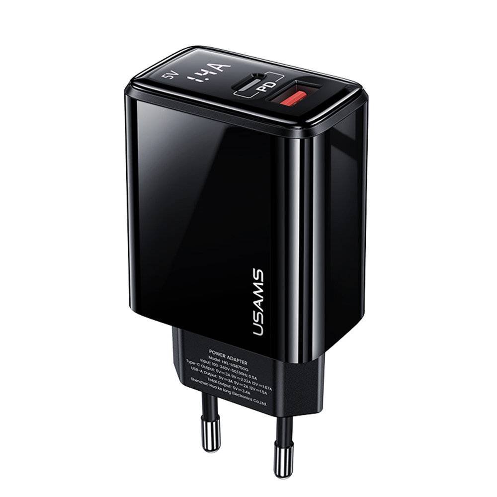 Usams Ład. Siec. 1Xusb-C+1Xusb T40 20W Led (iba hlava) Pd3.0 +Qc3.0 Rýchle nabíjanie čierna/čierna Cc133Tc01 (Us-Cc133)