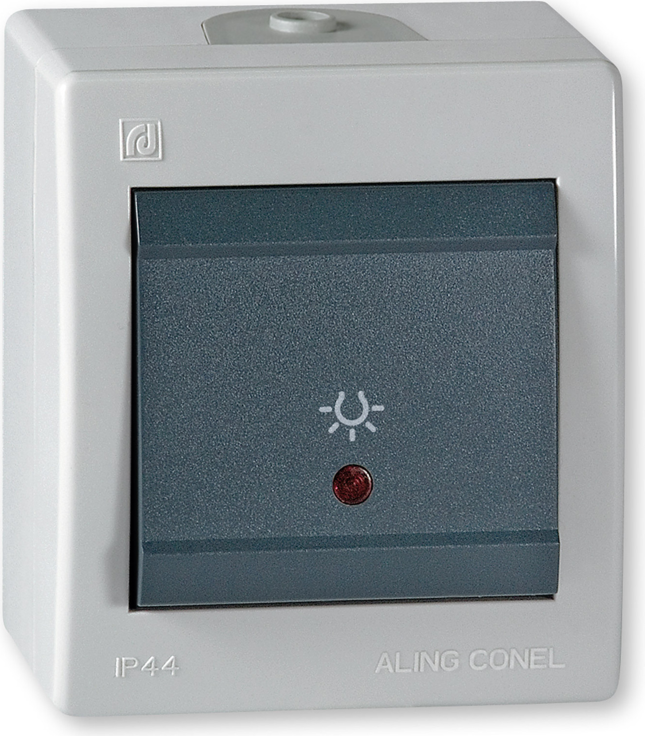 MUEVO Taster mit Lichtsymbol und Glimmlampe IP 44 Grau mit Wippe in Anthrazit 255I.1A