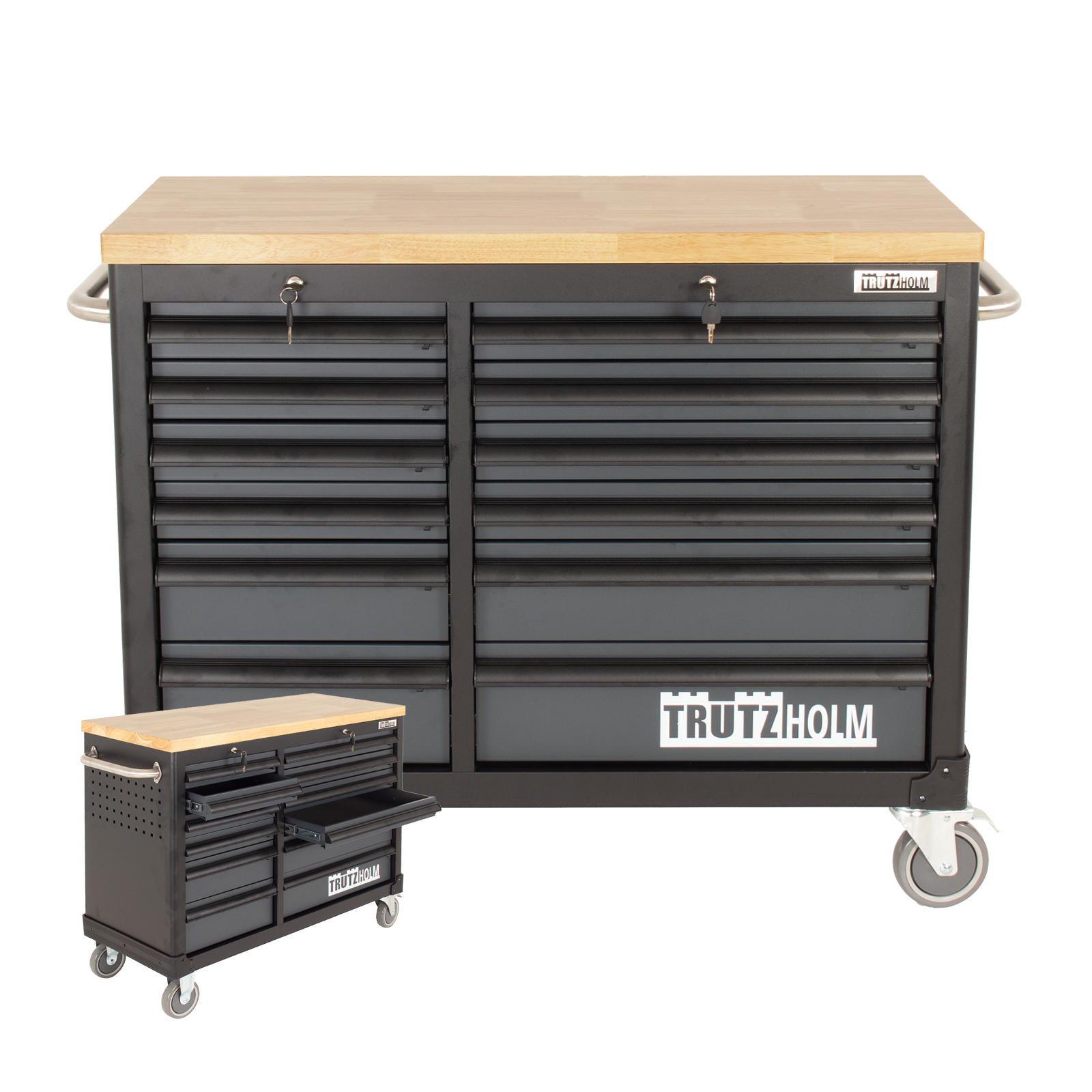 Werkstattwagen DELUXE 12 Schubladen 123 cm Breite unbestückt mit massiver Arbeitsplatte Anthrazit