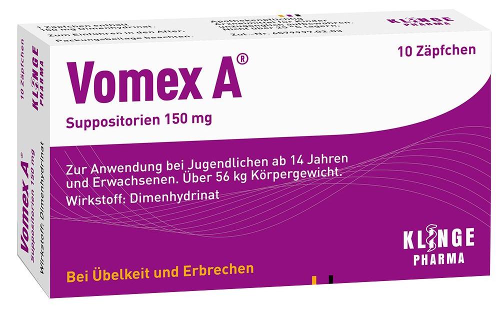 Zäpfchen, Klinge Pharma, Vomex A, für Erwachsene, gegen Bewegungskrankheit, 150mg, 10 Stück