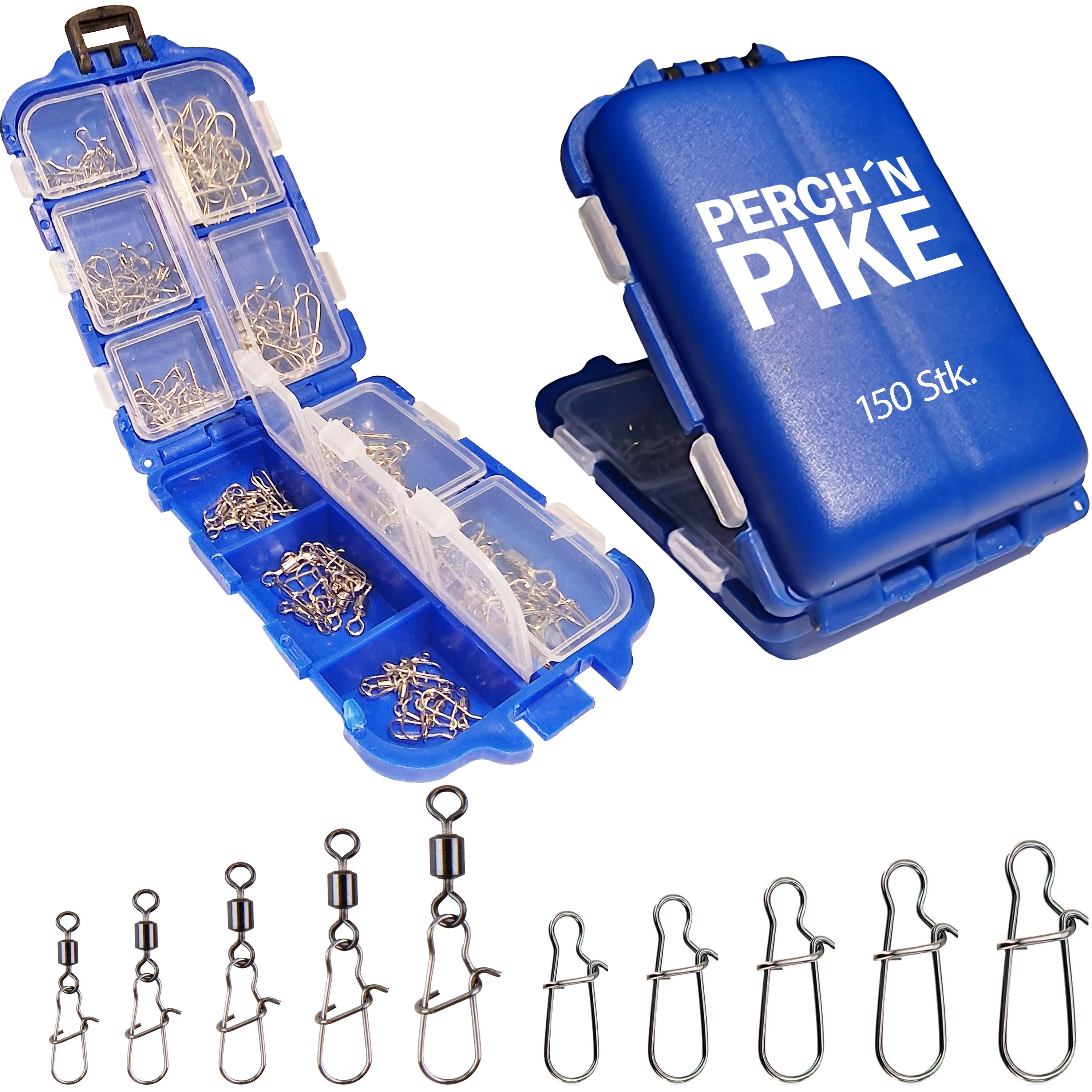 PERCH`N PIKE 150 Wirbel & Snaps im Set inkl. Box Duo-Lock Snap, 8-33 kg, Angelwirbelset zum Spinnfischen für Hecht, Barsch, Zander und Forelle