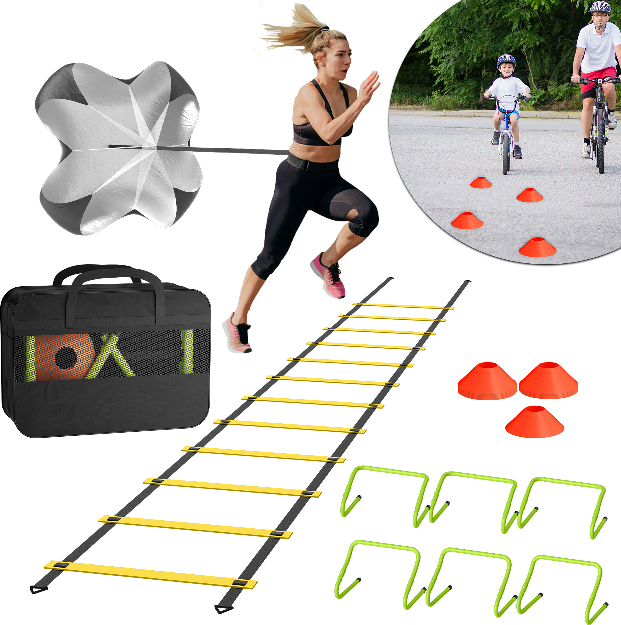 UISEBRT Fussball Trainingszubehör Speed & Agility-Set für Jungen: 6 verstellbare Hürden, 6m Koordinationsleiter, 12 Hütchen und Widerstands-Fallschirm