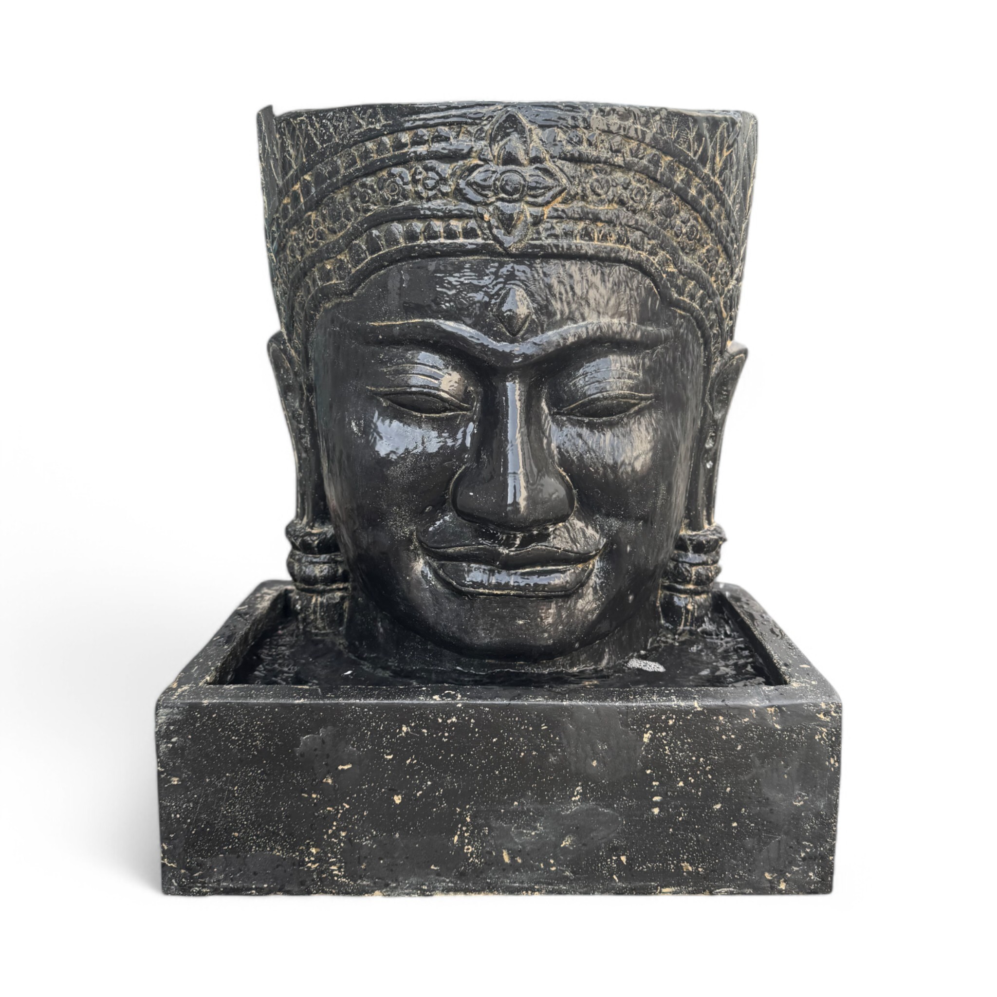 FaHome Khmer Kopf Springbrunnen - Garten Deko Wasserfall - Steinguss Buddha Wasserspiel