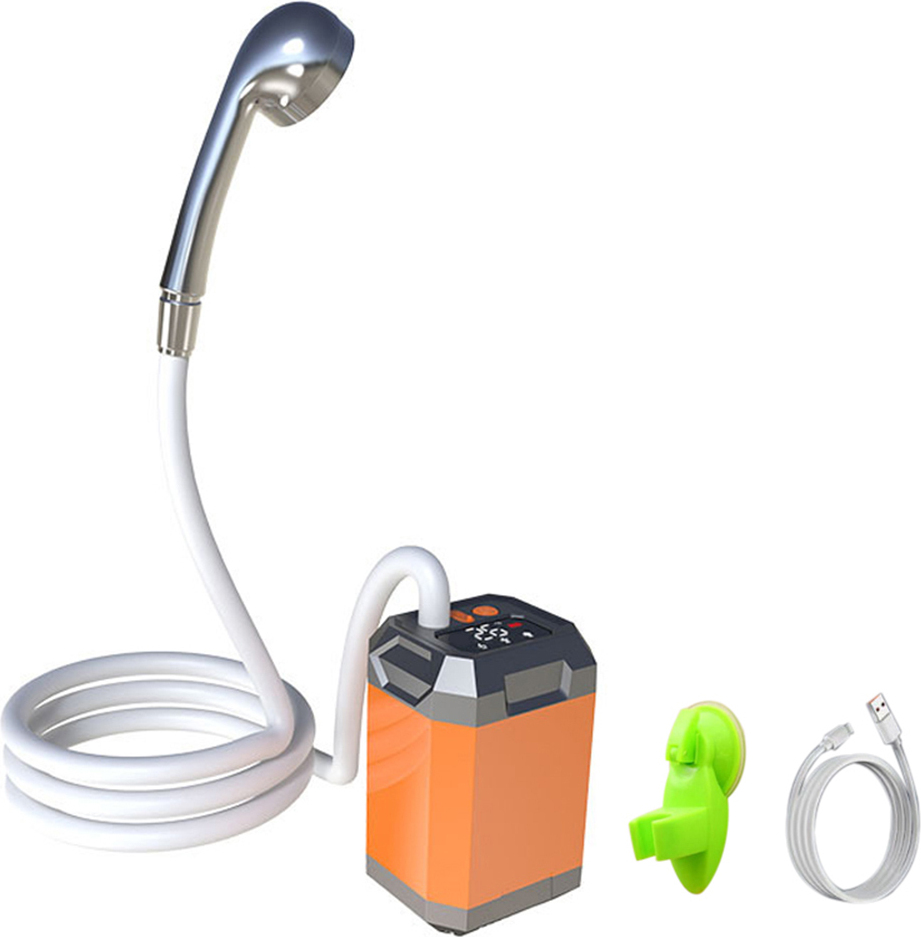 Douche De Camping Portable 12V – Pompe 540, Débit 3.5-5L/min, Câble 5m, Tuyau 2m – Orange, 725g