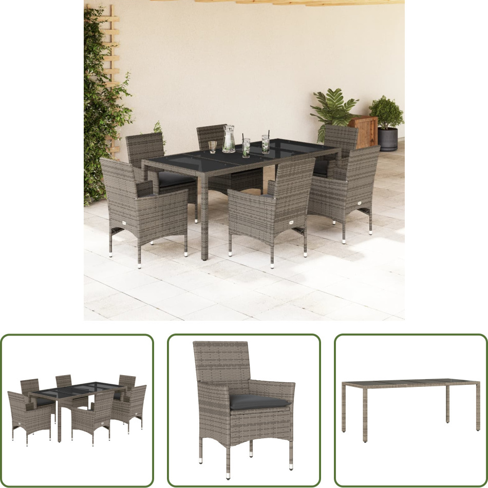 The Living Store 7-dielny záhradný jedálenský set s vankúšmi sivý polyratan a sklo